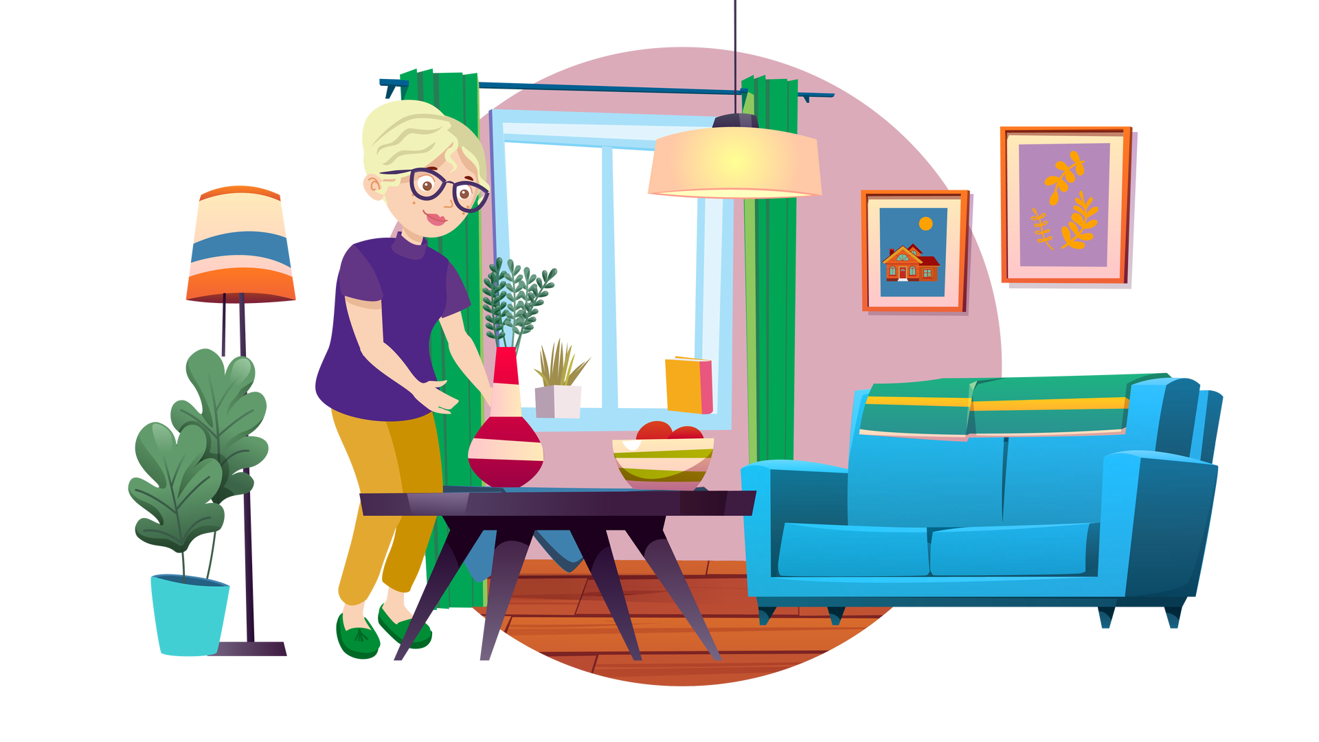 Ilustracja przedstawia salon w domu. W tle widać różową ścianę, na której wiszą dwa obrazki w brązowych ramkach. Jeden z nich przedstawia dom na ciemnoniebieskim tle, a nad nim pomarańczowe słońce, a drugi pomarańczowe liście na fioletowym tle. Obok znajduje się okno, a nad nim granatowy karnisz z długimi zielonymi zasłonami. Na parapecie jest mała zielona roślina w białej doniczce oraz książka w pomarańczowej okładce. Po lewej stronie stoi duża zielona roślina w turkusowej donicy oraz wysoka lampa podłogowa z abażurem w kolorowe pasy. Po prawej stronie jest niebieska kanapa. Przez jej oparcie został przerzucony zielony koc w żółte pasy. Na środku pomieszczenia stoi ciemnofioletowy stół, a na nim znajdują się zielone gałązki z licznymi drobnymi listkami w wysokim wazonie w beżowe i ciemnoróżowe paski oraz czerwone owoce w misce w beżowe i zielone paski. Przy stole stoi kobieta. Ma blond włosy upięte z tyłu głowy, nosi granatowe okulary. Jest ubrana w fioletową bluzkę z krótkimi rękawami, długie musztardowe spodnie i zielone buty. Ma pogodny wyraz twarzy, wyciąga ręce w kierunku wazonu z gałązkami.