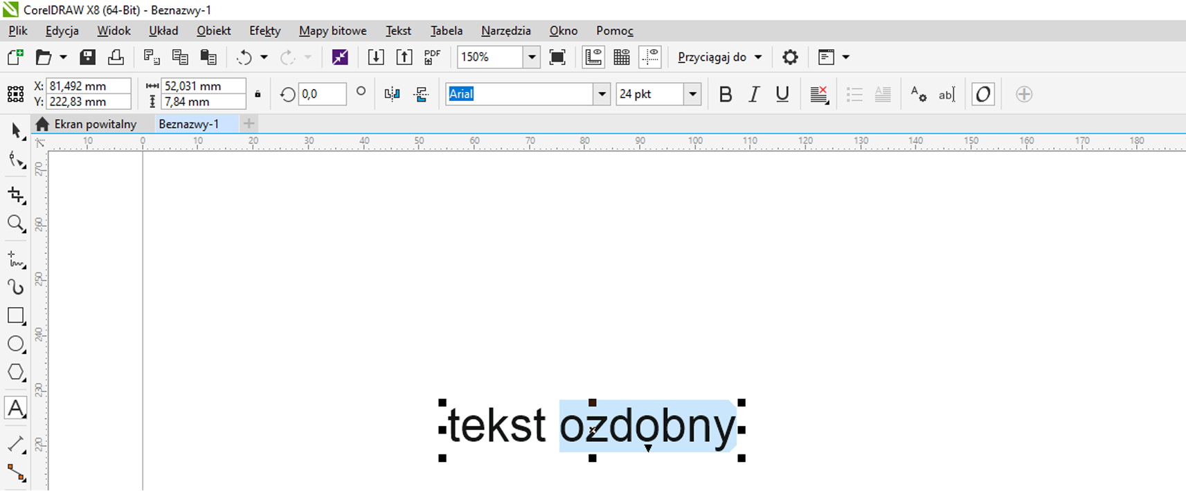 Zrzut ekranu przedstawia program CorelDRAW.Zaznaczono część napisu: ozdobny.