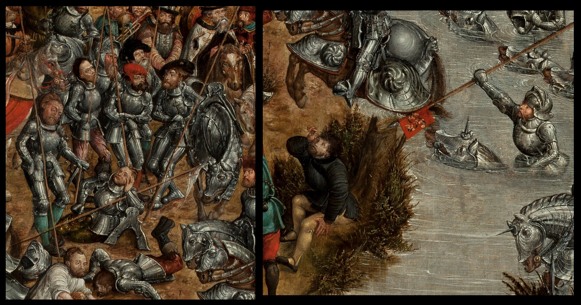 Kliknij, aby powiększyć Na fragmencie obrazu po prawej widać osobę bez broni i w cywilnym stroju. Jego prawa dłoń podniesiona jest do góry. W pobliżu znajduje się rycerz‑kopijnik, który dopiero przeprawia się przez rzekę i wskazuje na cywila kopią z herbem Radziwiłłów na proporcu. Na fragmencie po lewej stronie widzimy grupę ciężkozbrojnych rycerzy. Razem z nimi został ukazany koń w pełnej zbroi.