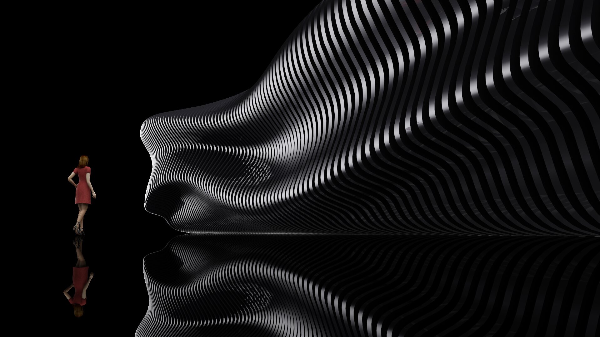 Ilustracja przedstawia pracę Oskara Thiemicke, „Struktura Parametryczna 10”. Praca utrzymana jest w ciemnej kolorystyce, na czarnej lśniącej podłodze stoi kobieta w bordowej sukience, przed nią znajduje się falisty obiekt przypominający miękko zwinięty materiał. Kobieta jest znacznie mniejsza od falistego obiektu. Struktura obiektu jest niejednolita, składa się z błyszczących pasów, ułożonych równolegle do siebie. Odbicie światła od pasów podkreśla ich wygięte kształty.