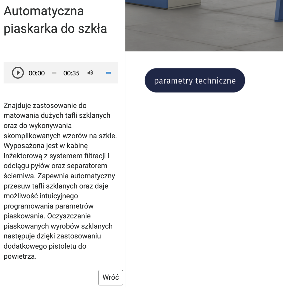 Ilustracja przedstawia okno z treścią spod interaktywnego punktu planszy. Treść dotyczy automatycznej piaskarki do szkła. Czytana jest przez lektora.