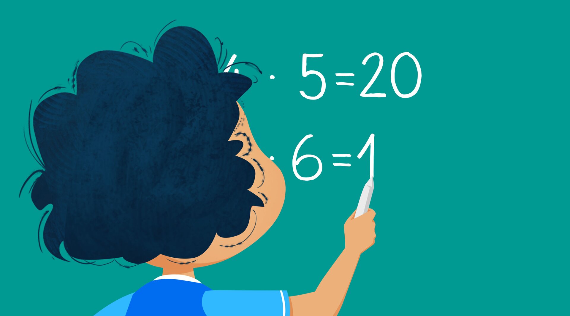 Na ilustracji znajduje się chłopiec, który pisze po tablicy