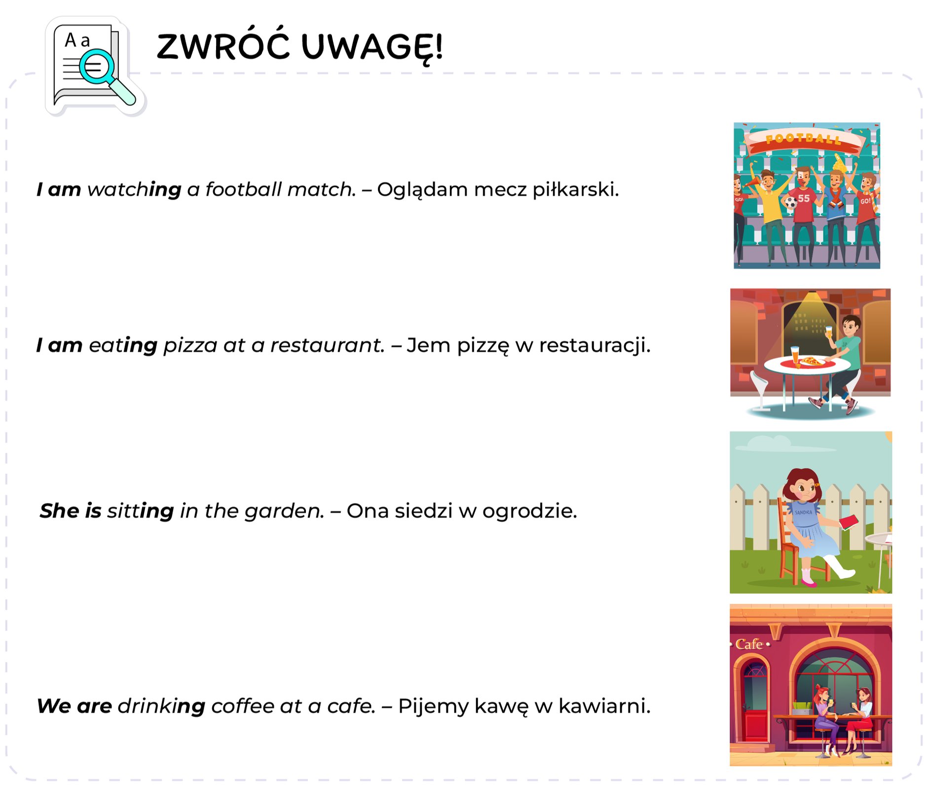 Ilustracja przedstawia listę rzeczy, na które należy zwrócić uwagę. W lewym górnym rogu ilustracji, widoczna jest ikona kartki papieru z lupą, oraz napis: Zwróć uwagę! Lista składa się z czterech akapitów w języku angielskim i polskim, zakończonych ilustracją. Pierwszy akapit: I am watching a football match. – Oglądam mecz piłkarski. W zdaniu w języku angielskim, wyróżniono zwrot I am oraz końcówkę ing. Na ilustracji, widać kibiców piłkarskich, ubranych w kolorowe stroje. Drugi akapit: I am eating pizza at a restaurant. - Jem pizzę w restauracji. W zdaniu w języku angielskim, wyróżniono zwrot I am oraz końcówkę ing. Na ilustracji, widać mężczyznę siedzącego przy okrągłym stoliku, jedzącego pizzę w restauracji. Trzeci akapit: She is sitting in the garden. - Ona siedzi w ogrodzie. W zdaniu w języku angielskim, wyróżniono zwrot She is oraz końcówkę ing. Ilustracja przedstawia Sandrę, siedzącą na krześle w ogrodzie, z nogą w gipsie. W ręce trzyma kolorowe pocztówki. Czwarty akapit: We are drinking coffe at a cafe. - Pijemy kawę w kawiarni. W zdaniu w języku angielskim, wyróżniono zwrot We are oraz końcówkę ing. Ilustracja przedstawia kawiarnię od zewnątrz. Przy stoliku obok kawiarni, siedzą dwie kobiety, popijając kawę. Nad wejściem do kawiarni, znajduje się napis: Cafe.