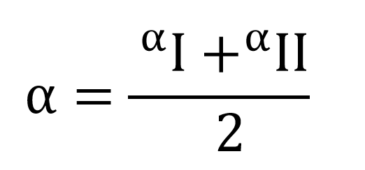 Wzór: alfa równe nad kreską ułamkową alfa jeden dodać alfa dwa, pod kreską ułamkową dwa.