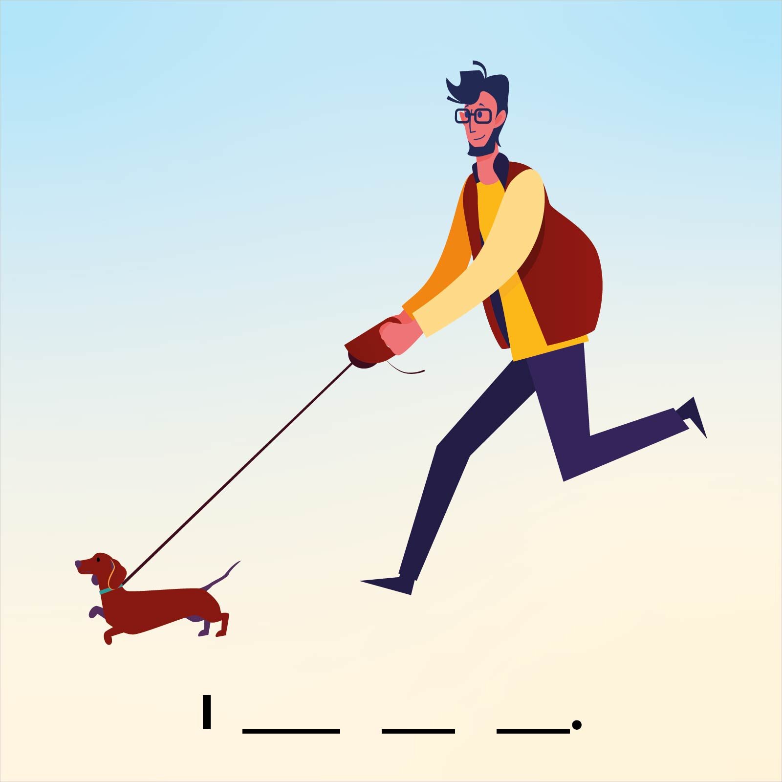 Ilustracja przedstawia mężczyznę z brodą, w okularach i sportowej kurtce, który na smyczy wyprowadza pieska na spacer. Poniżej znajduje się zdanie do uzupełnienia, rozpoczynające się od angielskiego słowa  I, po którym następują trzy kreseczki do uzupełnienia trzech brakujących słów, oraz kropka kończąca zdanie.