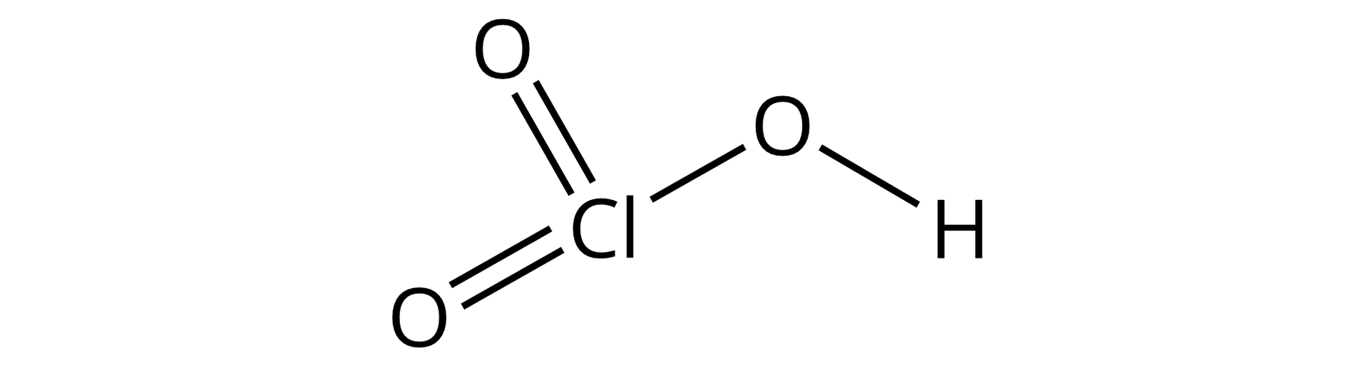 Ilustracja przedstawiająca kwas chlorowy(<math aria‑label="pięć">V) zbudowany z atomu chloru Cl połączonego za pomocą wiązań podwójnych z dwoma atomami tlenu O oraz za pomocą wiązania pojedynczego z grupą hydroksylową —OH.