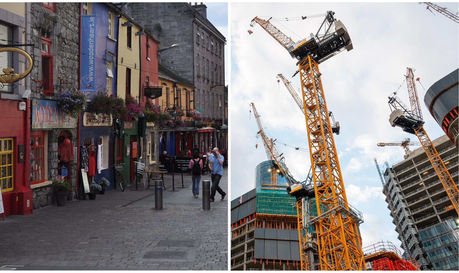 Ilustracja składa się z dwóch zdjęć. Na zdjęciu po lewej stronie widoczna jest niewielka uliczka, wzdłuż której stoją kolorowe domki. Na frontach budynków widoczne są szyldy sklepowe, powieszone są kwiaty w doniczkach, wystawione ubrania. W tle widoczna jest markiza, pod którą stoją stoliki i krzesła. Na zdjęciu po lewej stronie widoczny jest plac budowy z kilkoma bardzo wysokimi dźwigami budowlanymi. Po lewej i po prawej stronie widoczne są nowoczesne, wielopiętrowe budynki w trakcie budowy.