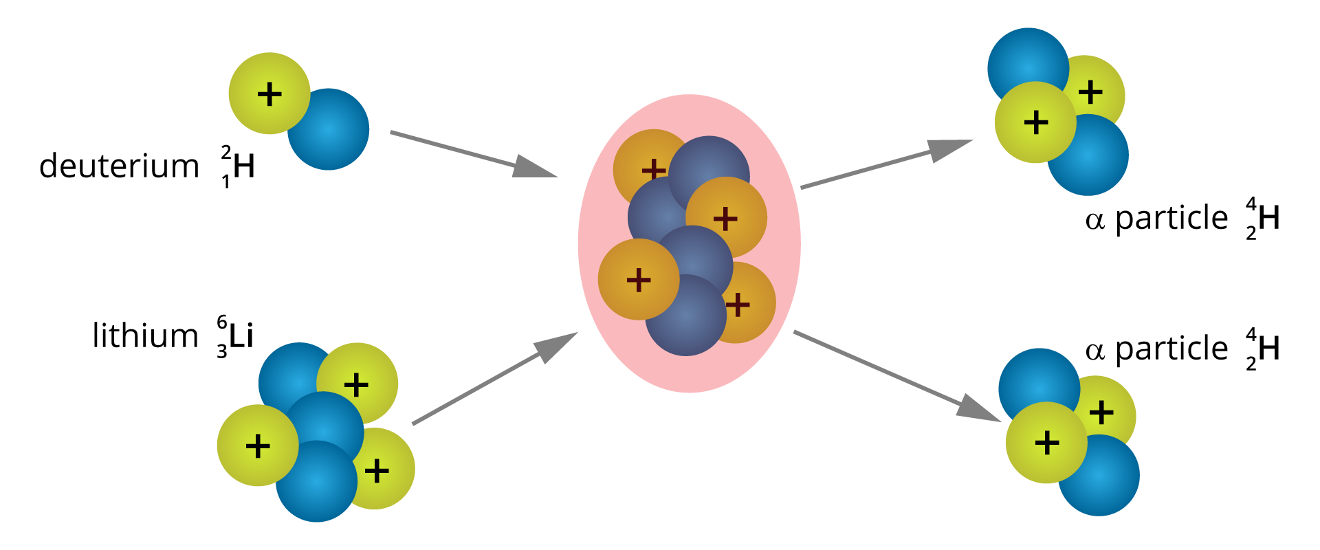 Na rysunku pokazana jest reakcja jądrowa zachodząca pomiędzy deutrem i litem, których atomy zaznaczone są symbolicznie za pomocą kombinacji zielonych i niebieskich kulek. Deuter - połączona kulka niebieska i zielona ze znakiem plus, podpisane deuterium w indeksie górnym 2, w indeksie dolnym 1, H. Lit - połączone 3 kulki niebieskie i 2 zielone ze znakiem plus, podpisane lithium w indeksie górnym 6, w indeksie dolnym 3, Li. Strzałki od nich wskazują na jądro w stanie wzbudzonym – tu zbiór połączonych 4 kulek niebieskich i 4 zielonych ze znakiem plus, dodatkowo otoczony elipsą o różowy kolorze. Od tego jądra strzałki prowadzą w stronę produktów rozpadu – dwóch cząstek alfa. Na górze - połączone 2 kulki niebieskie i 2 zielone ze znakiem plus, podpisane alfa particle, w indeksie górnym 4, w indeksie dolnym 2, H. Na dole - połączone 2 kulki niebieskie i 2 zielone ze znakiem plus, podpisane alfa particle, w indeksie górnym 4, w indeksie dolnym 2, H. Wynika z tego, że całkowita liczba atomowa i liczba masowa są równe przed zderzeniem i po.