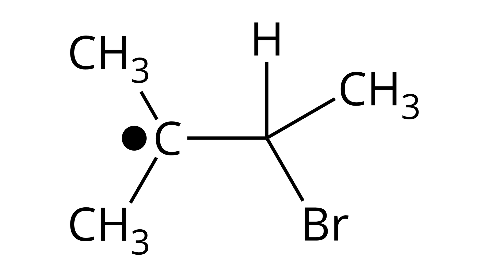 Na ilustracji jest wzór: atom węgla (ma po lewej stronie dużą czarną kropkę) łączy się na dole i na górze z grupą metylową, a po prawej stronie z atomem węgla, który łączy się na górze z atomem wodoru, po prawej stronie z grupą metylową, na dole z atomem bromu.   