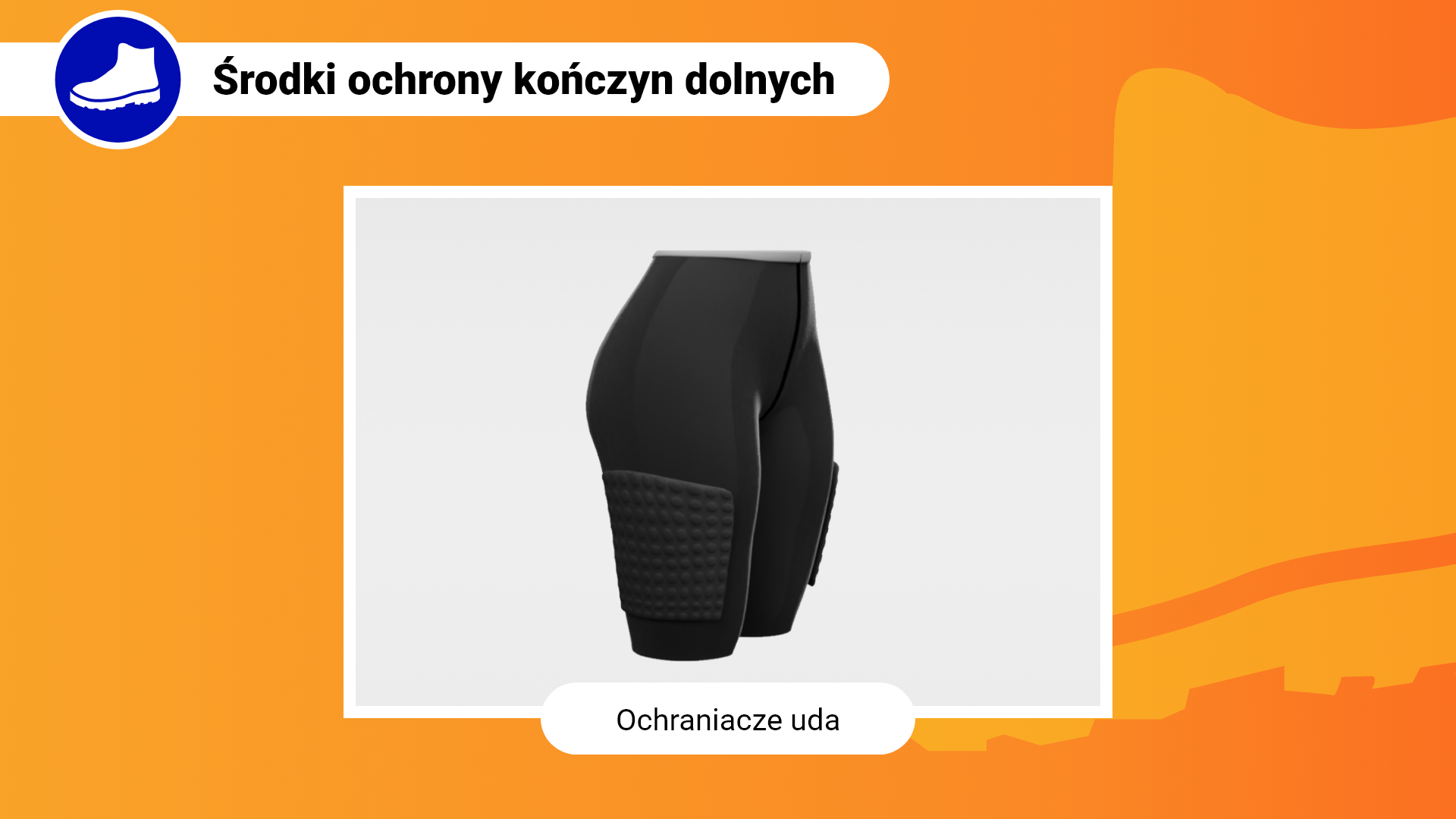 Zdjęcie w ramce z podpisem: ochraniacze uda. Przedstawia parę czarnych ochraniaczy, które zamocowane są na elastycznych spodniach.