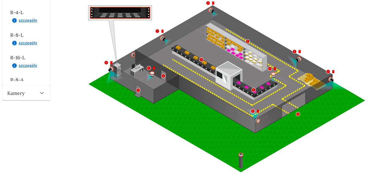 Przykładowy widok aplikacji. Po lewej stronie uczeń wybiera typ rejestratora i kamery i przeciąga na grafikę w odpowiednie miejsca, tym samym "instalując" system CCTV.