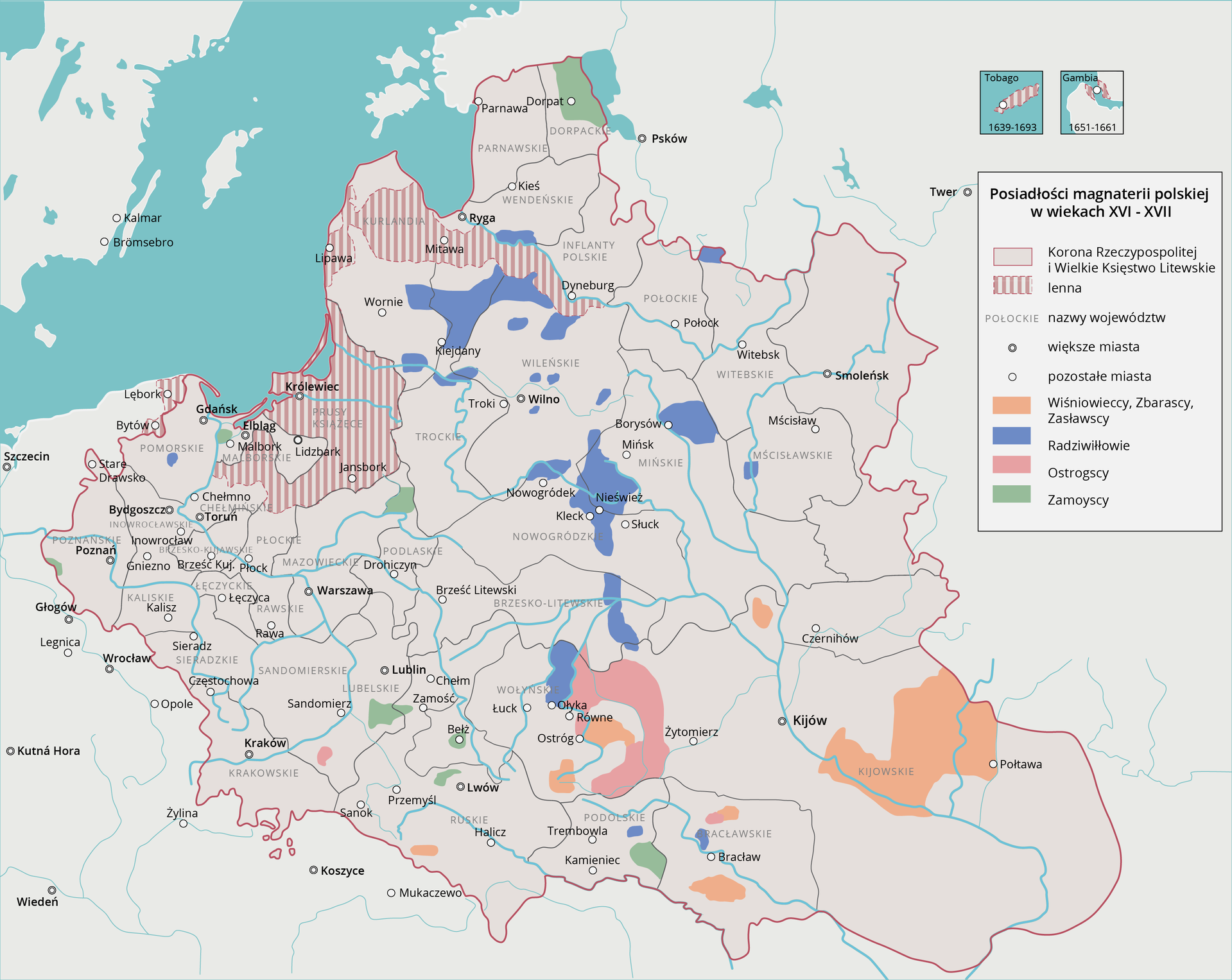 Na mapie przedstawiono posiadłości magnaterii polskiej w wiekach od szesnastego do siedemnastego na obszarze Korony Rzeczpospolitej i Wielkiego Księstwa Litewskiego. Lenna zaznaczono w rejonie Kurlandii, Mitawy, Prus Książęcych: Królewca, Malborka, Jansoborka. Posiadłości Wiśniowieckich, Zbaraskich i Zasławskich zaznaczono w rejonie Połtawy oraz na południe od Wrocławia. Posiadłości Radziwiłłów zaznaczono w rejonie Borysowa, Nowogródka, Klecka, Nieświeża, Ołyka, na północny-wschód od Kiejdan. Posiadłości Ostrogskich zaznaczono w rejonie Równego i na północny wschód od Ołyka. Posiadłości Zamoyskich zaznaczono w pobliżu Zamościa, w Bełżu, na północny zachód od Lwowa, na południowy wschód od miasta Jansbork.