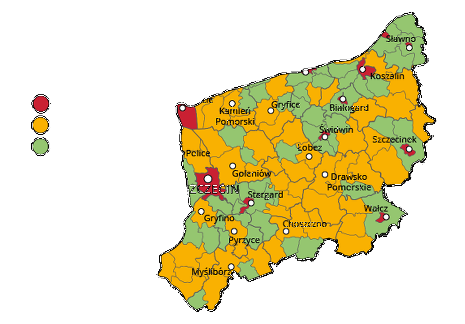 Mapa województwa zachodniopomorskiego. Na mapie szarymi liniami zaznaczono granice powiatów ziemskich, białymi kropkami zaznaczono miasta będące stolicami powiatów. W obrębie powiatów ziemskich kolorami wyróżniono gminy miejskie (na czerwono), miejsko‑wiejskie (na żółto) i wiejskie (na zielono). Stolicą województwa jest Szczecin. Stolicami gmin miejskich są Szczecin, Świnoujście, Szczecinek, Sławno, Białogard, Świdwin, Wałcz, Stargard, Koszalin. Stolicami gmin miejsko‑wiejskich są Gryfice, Łobez, Police, Choszczno, Pyrzyce, Gryfino, Kamień Pomorski, Myślibórz, Drawsko Pomorskie, Goleniów.