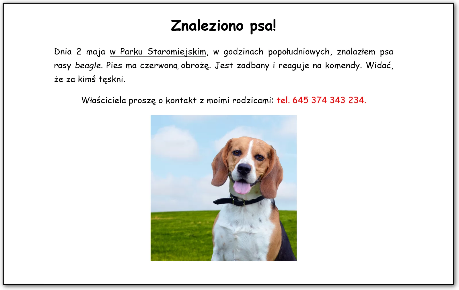 Zrzut ekranu ogłoszenia ze wstawionym clipartem psa. Treść ogłoszenia brzmi. Znaleziono psa! Dnia 2 maja w Parku Staromiejskim w godzinach popołudniowych, znalazłem psa rasy beagle. Pies ma czerwoną obrożę. Jest zadbany i reaguje na komendy. Widać, że za kimś tęskni. Właściciela proszę o kontakt z moimi rodzicami: tel. 645 374 343 234.