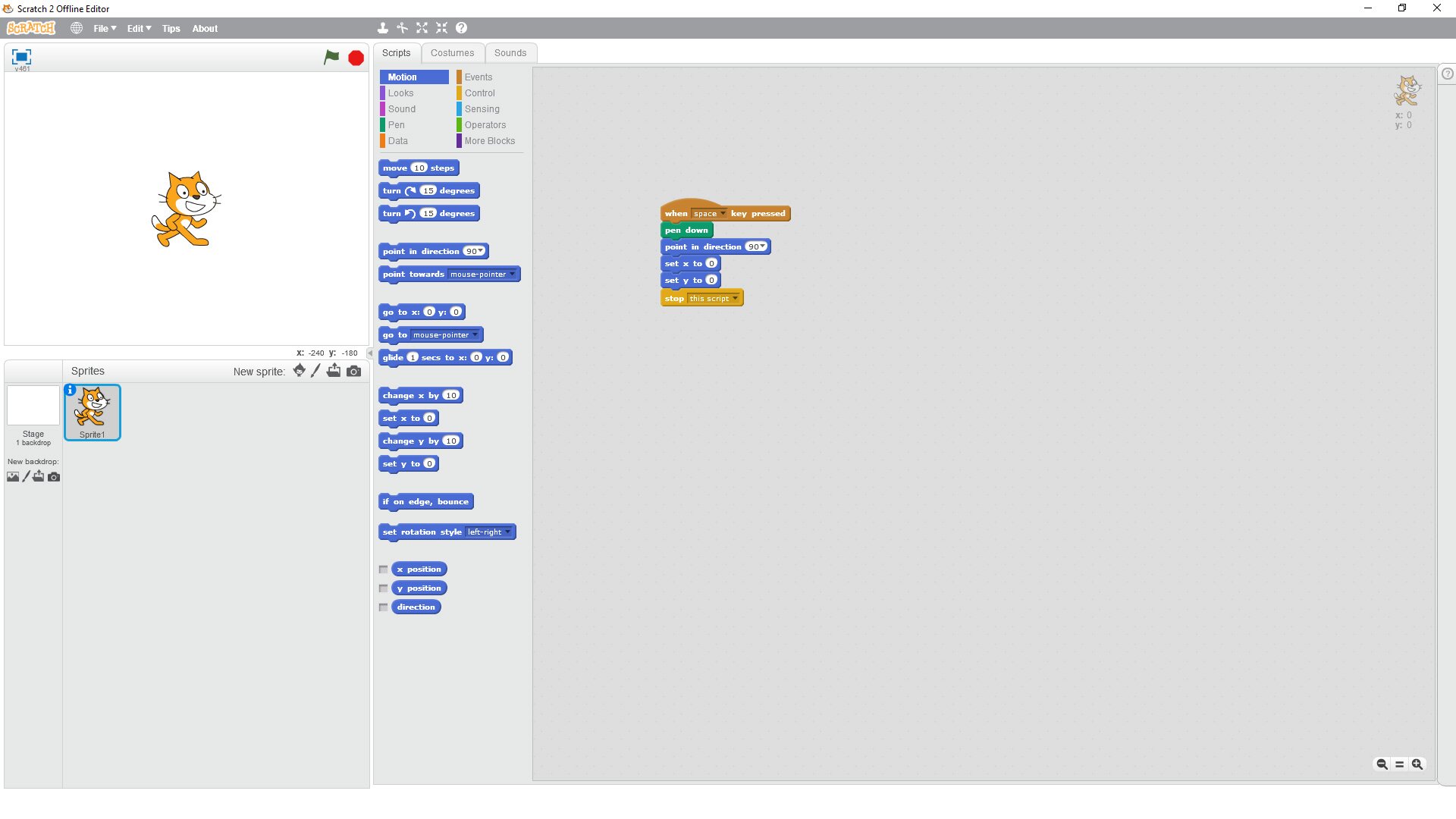 Na ilustracji przedstawiony jest skrypt ustawiający duszka w pozycji wyjściowej i czyszczący ekran ze wszystkich śladów.