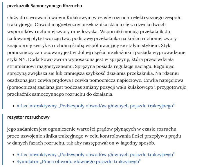 Zrzut ekranu przedstawia kilka pojęć ze Słownika. Konstrukcja jest następująca: pojęcie, poniżej jego wyjaśnienie, a pod nim znajduje się link, po którego kliknięciu użytkownik przenosi się do rozdziału w tym materiale, w którym dane pojęcie jest wykorzystywane. Linków może być jeden lub kilka, w zależności od tego, w ilu rozdziałach użyto pojęcia.