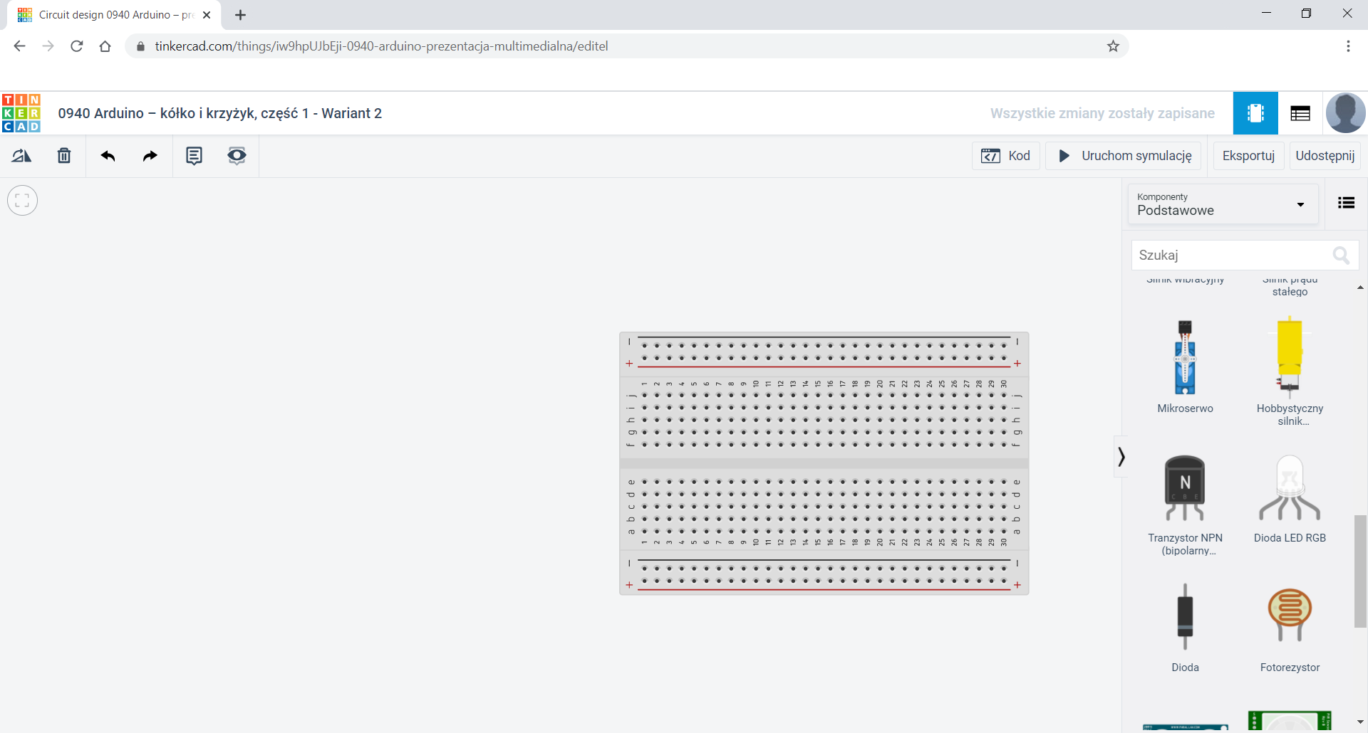 Zdjęcie ekranu przedstawia okno przeglądarki z otwartą stroną Tinkercad. W obszarze roboczym umieszczono płytkę stykową.