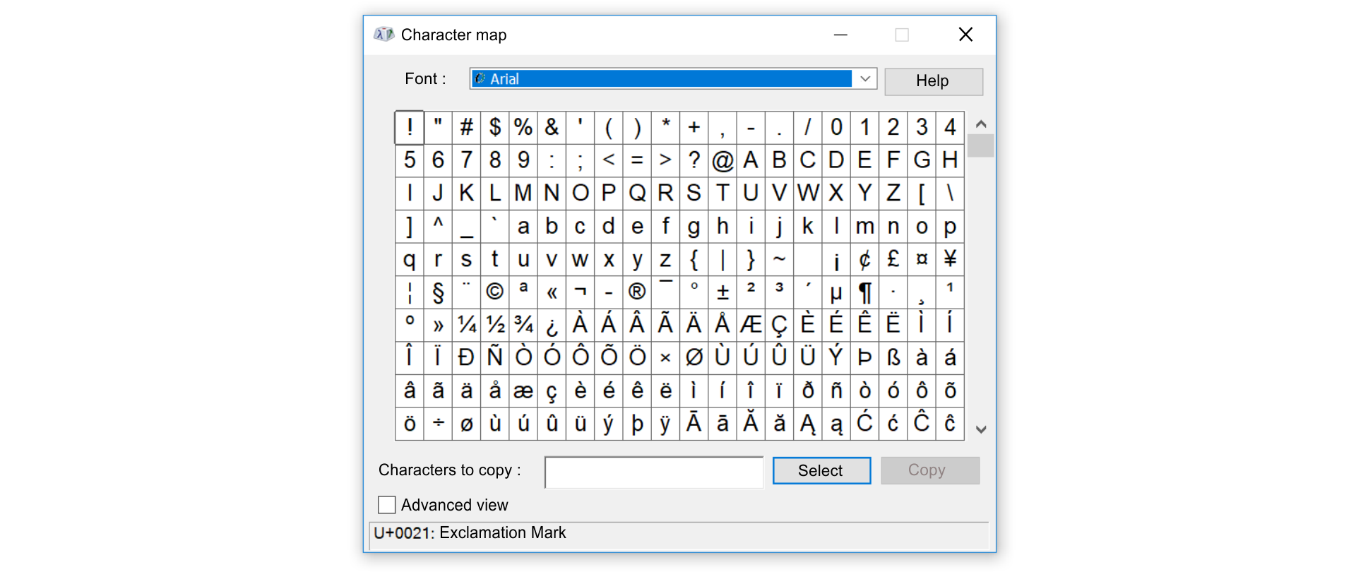 Zrzut z ekranu przedstawia formatką Character map. Na górze z lista rozwijana Font, a obrazku wybrany Arial. Obok przycisk Help. Centralną i największą przestrzeń zajmuje tablica ze znakami (10 wierszy po 20 znaków). Znajdują się tu znaki specjalne np. !, ”, #, $, %, &amp;, ‘, (, ); cyfry od 0 do 9, wielkie i małe litery ułożone alfabetycznie, od a do z – bez polskich znaków oraz znaki diakrytyczne dla różnych języków, w tym również polskiego. W tablicy zaznaczony jest pierwszy znak – wykrzyknik. Na dole formatki znajduje się pole tekstowe Characters to copy i dwa przyciski: Select i Copy. Poniżej checkbox oznaczony Advance View. Na samym dole zapis w unikodzie wraz z opisem zaznaczonego znaku: U+0021: Exclamation Mark.