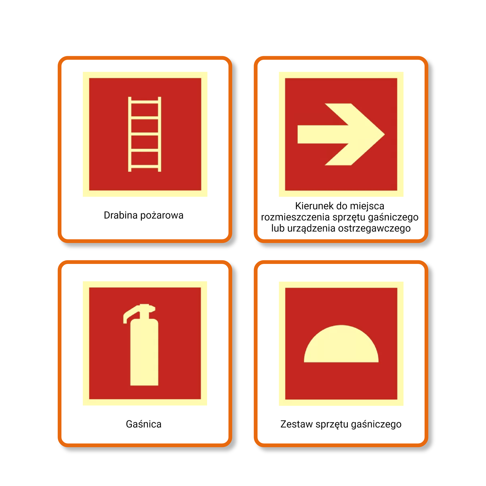 Na grafice oznaczenia przeciwpożarowe. Kolejno: droga pożarowa, kierunek do miejsca rozmieszczenia sprzętu gaśniczego lub urządzenia ostrzegawczego, gaśnica, zestaw sprzętu gaśniczego.