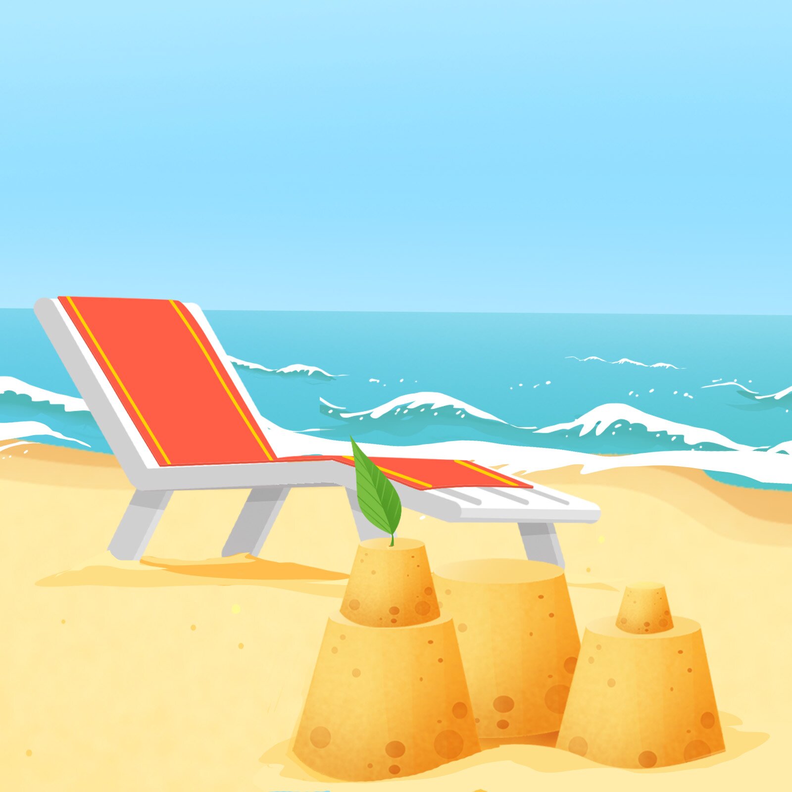 Na ilustracji znajduje się leżak na plaży. Przed nim znajdują się babki z piasku, a za nim morze.