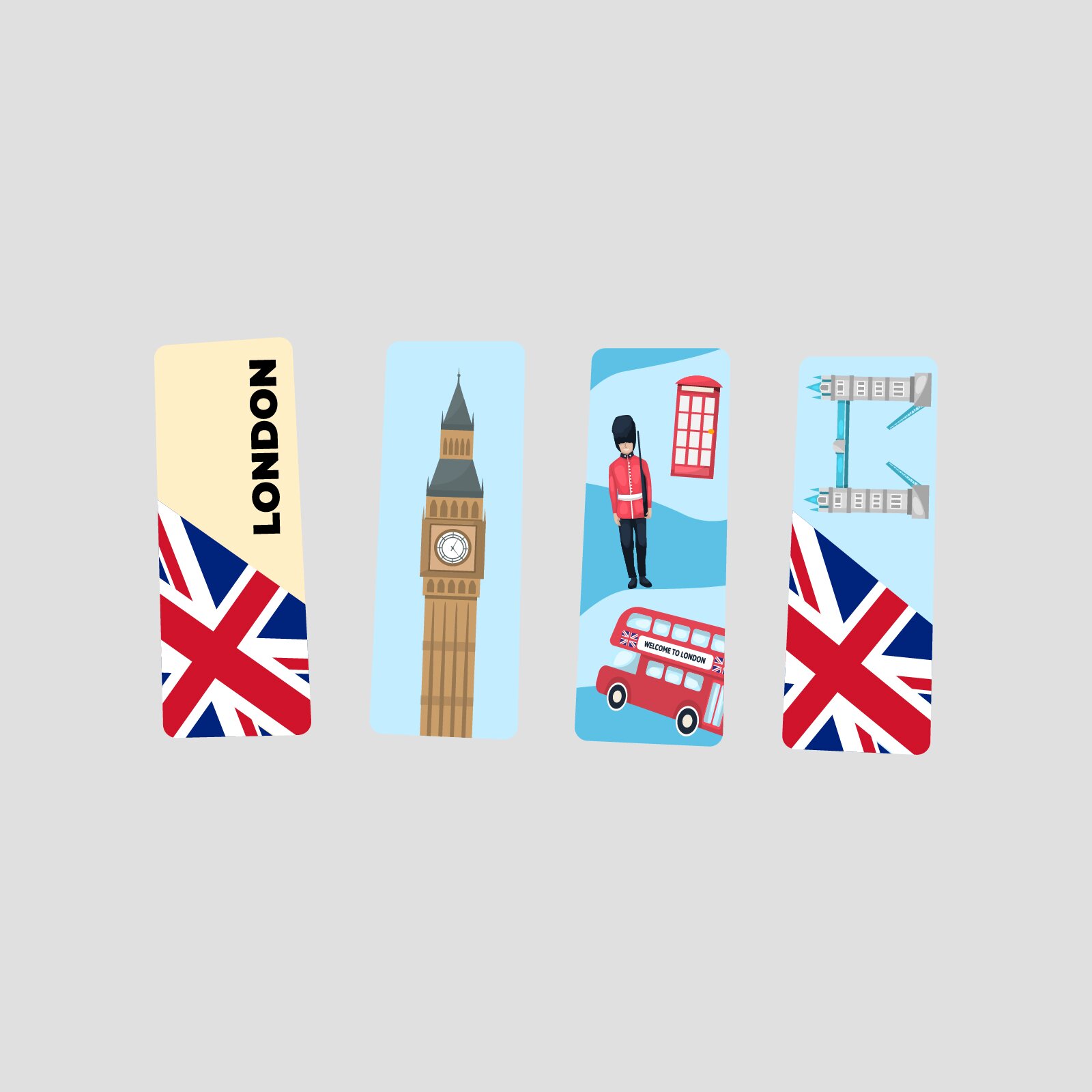Ilustracja przedstawia cztery zakładki do książek. Przedstawiają flagę Wielkiej Brytanii, zegar Big Ben, czerwone autobusy piętrowe, gwardziste oraz most Tower Bridge.