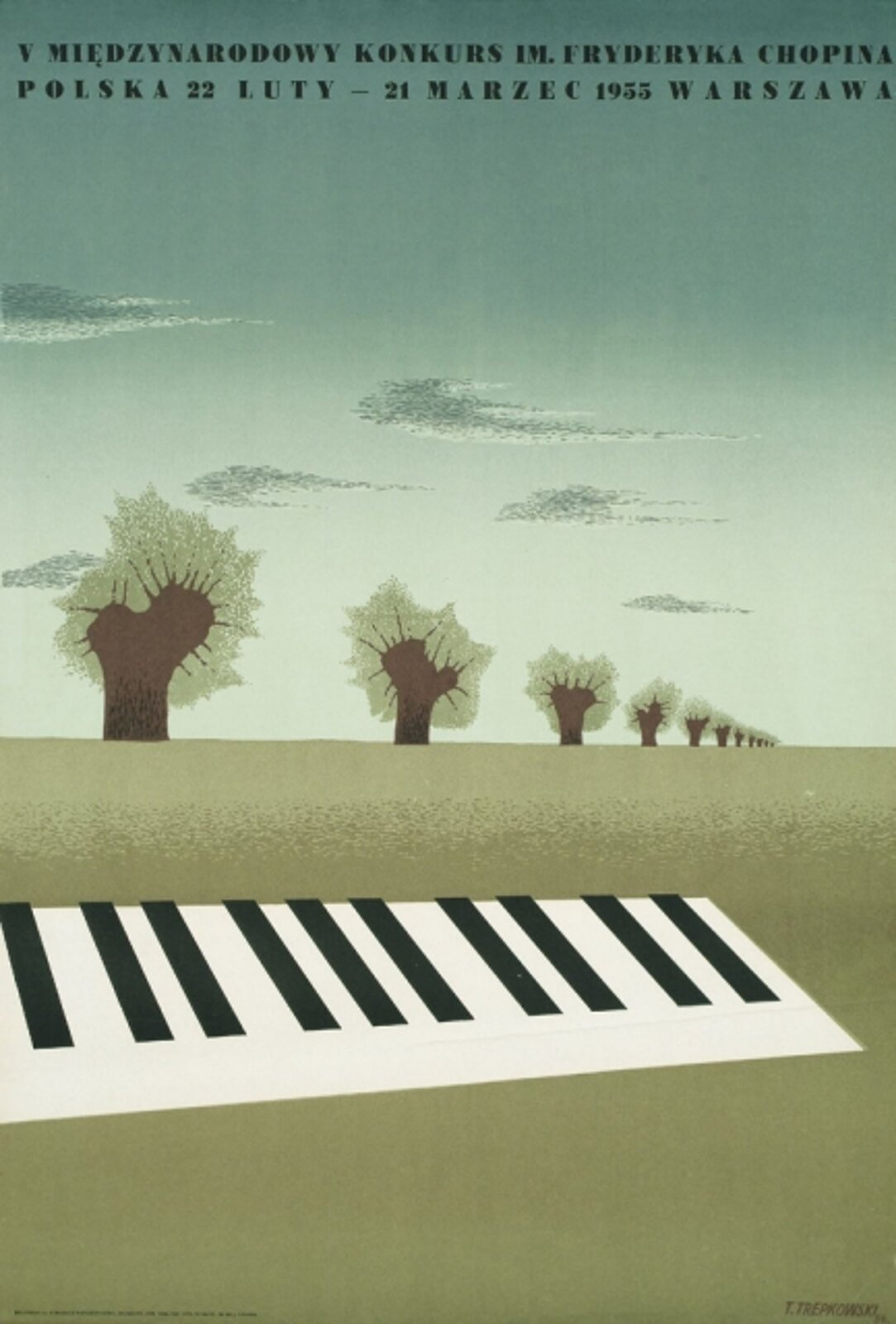 Ilustracja przedstawia plakat promujący V Międzynarodowy Konkurs im. Fryderyka Chopina, który odbył się w dniach 22 luty - 21 marzec 1955 roku w Warszawie. Plakat przedstawia czarno-białą klawiaturę foretpianu, która leży na zielonej trawie. W tle widoczne są drzewa, które są ułożone w linii. Jest ich 11. Nad drzewami widoczne jest niebieskie niebo z szarymi chmurami.
