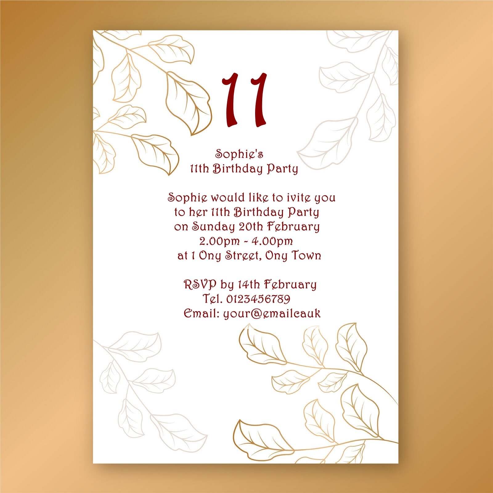 Grafika przedstawia kartkę ozdobioną w każdym rogu gałązkami z liśćmi. Pośrodku na górze jest liczba “11” napisana dużą czcionką. Pod nią znajduje się tekst “Sophie’s 11th Birthday Party. Sophie would like to invite you to her 11th Birthday Party on Sunday 20th February 2.00pm - 4.00pm at 1 Ony Street, Ony Town. RSVP by 14th February. Tel. 0123456789. e-mail: your@emaileauk.”