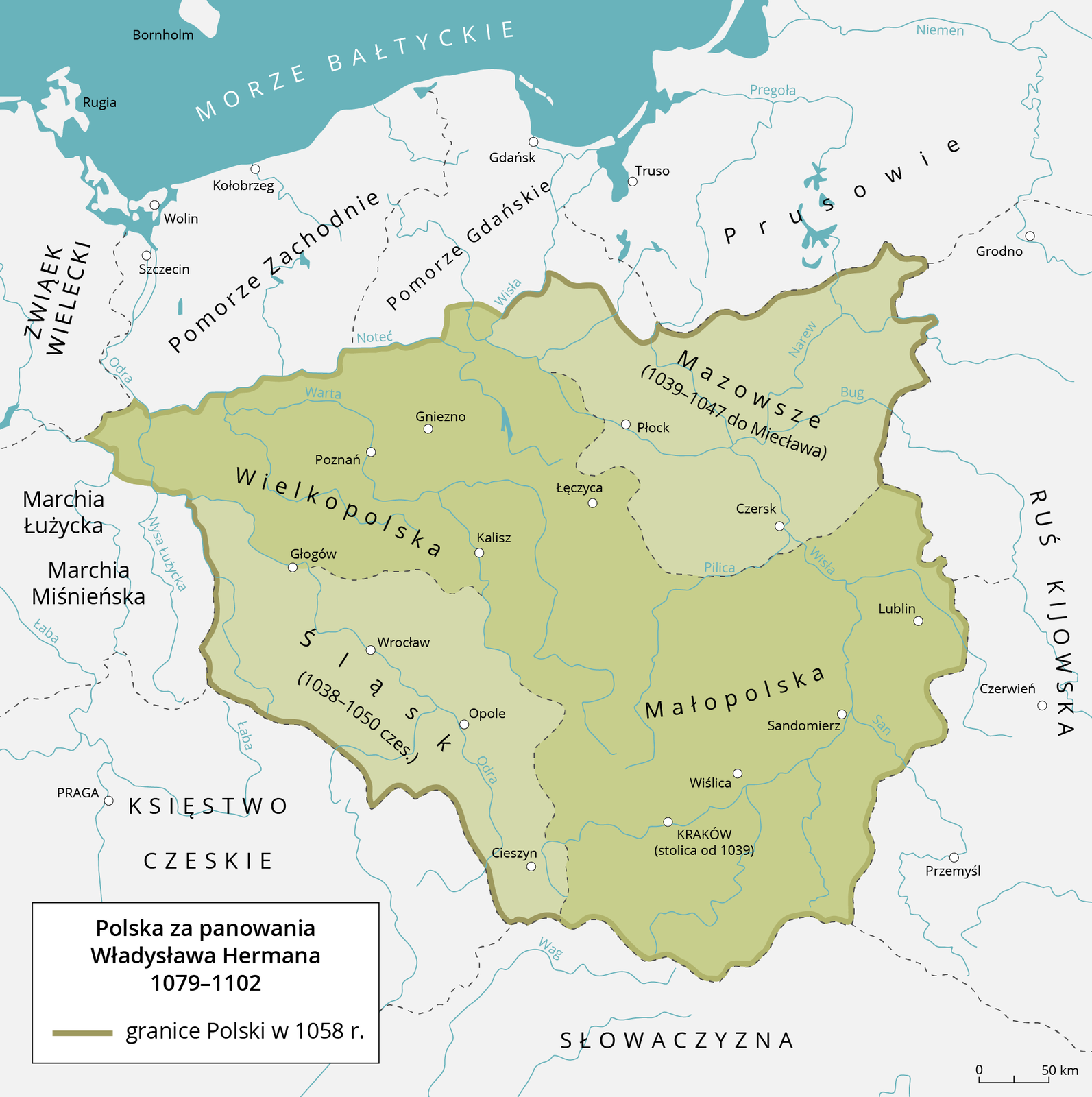 Mapa przedstawia granice Polski za czasów panowania Władysława Hermana. Należały do niej takie tereny jak Mazowsze, Wielkopolska, Małopolska, Śląsk. Miastami, które były „granicami” były: Poznań, Gniezno, Płock, Lublin, Sandomierz, Kraków, Cieszyn, Opole, Wrocław, Głogów.