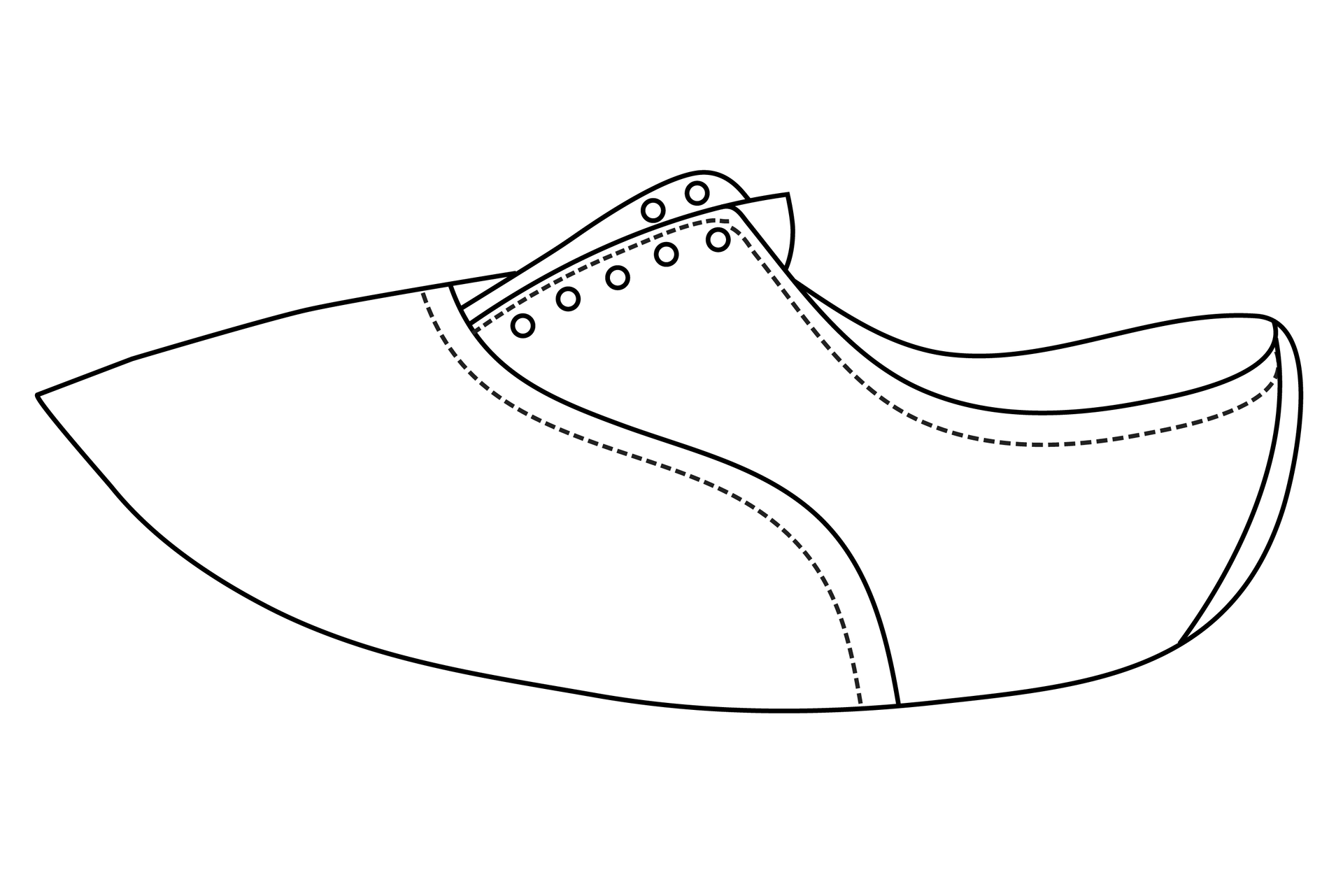 Grafika przedstawia schemat buta o niskiej cholewce i ostrym czubku. Przednie brzegi przyszwy są naszyte na obłożyny buta.