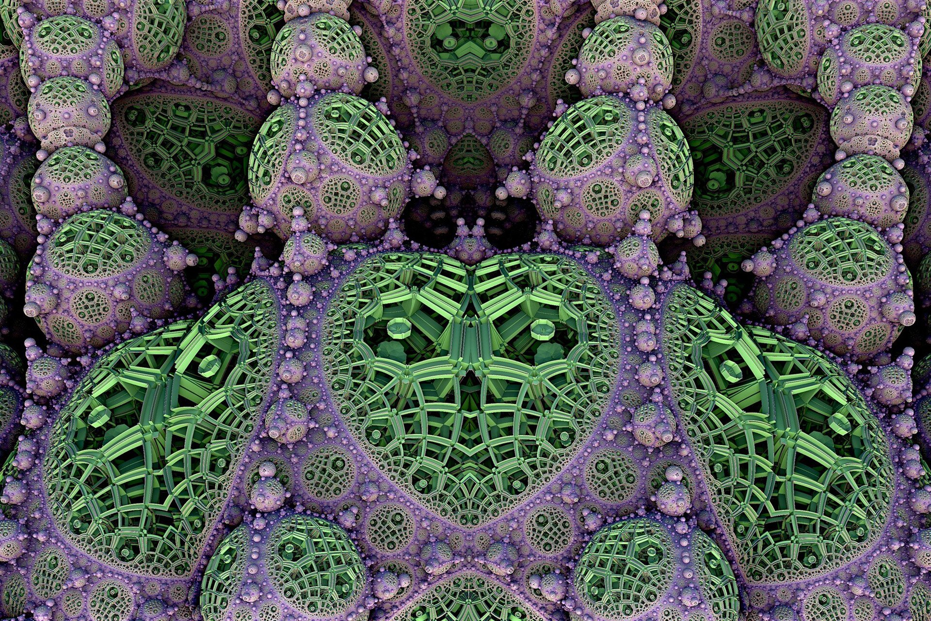 Grafika przedstawia wydrukowane na drukarce 3D różnej wielkości bryły geometryczne w kolorze zielonym, na przykład kule, połączone ze sobą siecią fioletowych, ażurowych połączeń. Razem tworzą coś na wzór organów wewnętrznych człowieka, zbudowanych z komórek.