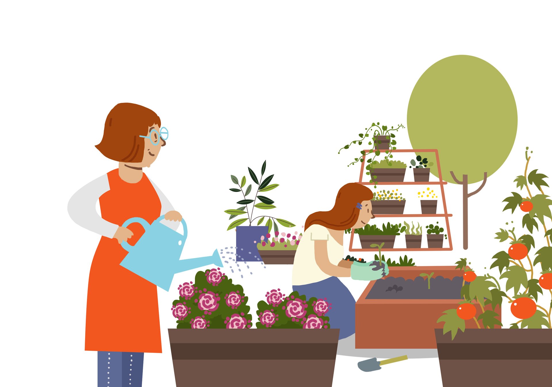 Ilustracja przedstawia matkę i córkę zajmujące się kwiatami. Matka podlewa kwiatki w doniczce, córka sadzi rośliny.
