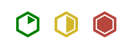 Przedstawiono przykładowe oznaczenia poziomu trudności zadań. Na ilustracji przedstawiono trzy sześciokąty. Pierwszy symbol ma zielony kontur oraz wewnątrz zamalowano trójkąt stanowiący jedną szóstą jego pola. Symbol oznacza poziom trudności łatwy. Drugi symbol ma żółty kontur oraz zamalowano wewnątrz jego prawą połowę. Symbol oznacza poziom trudności średni. Trzeci symbol ma czerwony kontur oraz wewnątrz jest zamalowany. Symbol oznacza poziom trudności trudny.