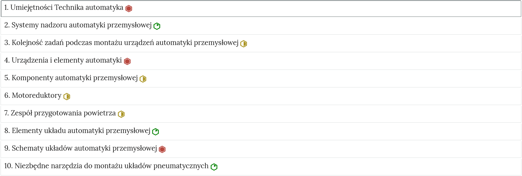 Ilustracja przedstawia przykładowy wygląd zakładek zawierających interaktywne materiały sprawdzające. Na zdjęciu jest to rząd umieszczonych pod sobą ćwiczeń wraz z ich tytułami. Każde ćwiczenie, po prawej stronie od tytułu, posiada znaczek określający poziom trudności. Oznaczenia poziomów trudności umówione są w dalszej części instrukcji.