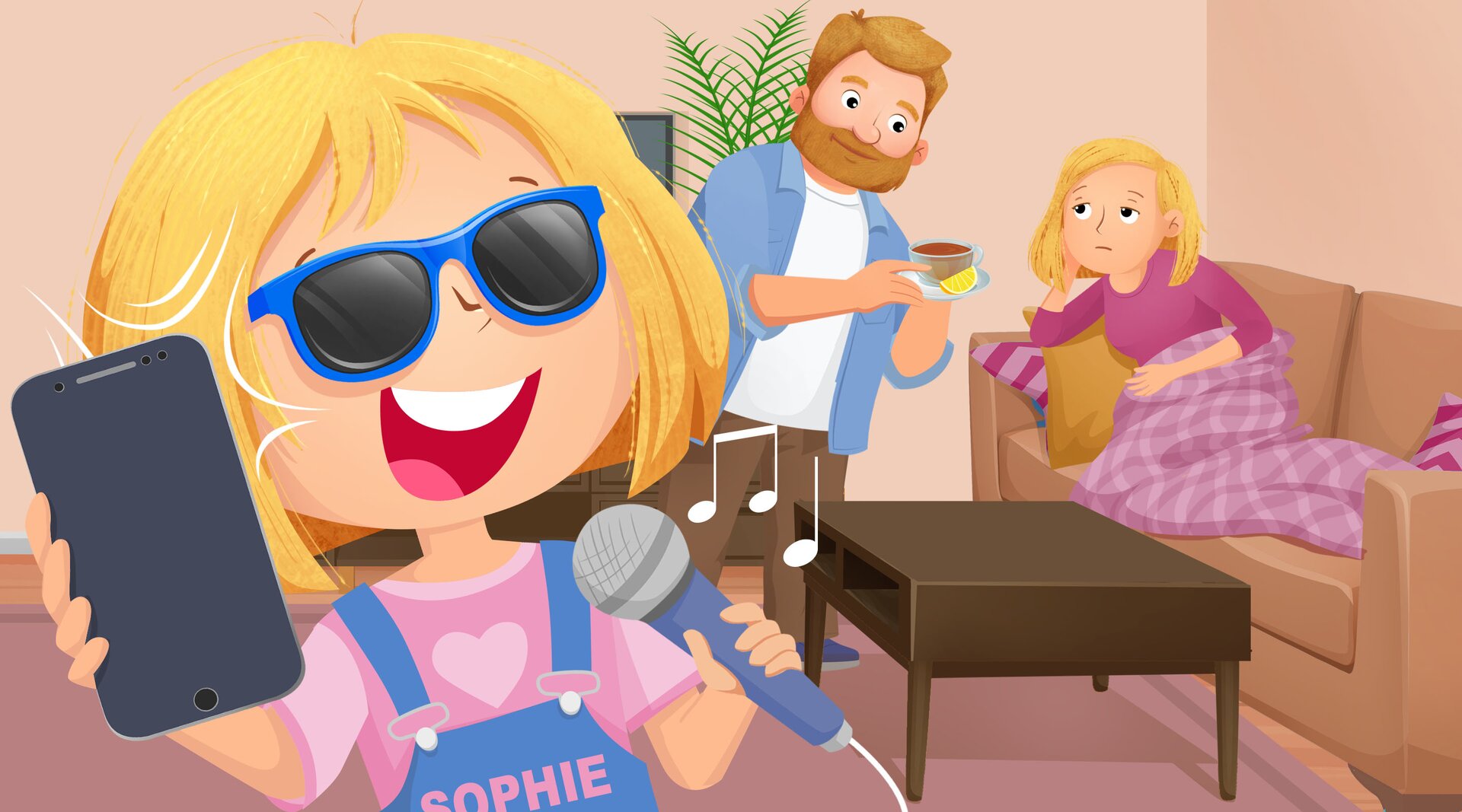 Na ilustracji widoczna jest śpiewająca dziewczynka. Ma ciemne okulary, w jednej ręce trzyma mikrofon , a w drugiej telefon. W tle możemy obserwować mamę leżącą na kanapie pod kocem, a tatę podającego jej herbatę.
