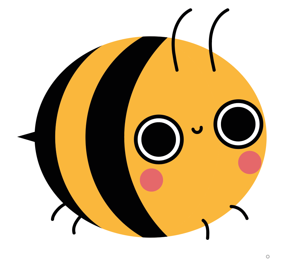 Ilustracja przedstawia prawie gotowy rysunek pszczoły. Do poprzedniej ilustracji dodane zostały detale: czółka, 4 nogi, uśmiech i zaróżowione policzki.
