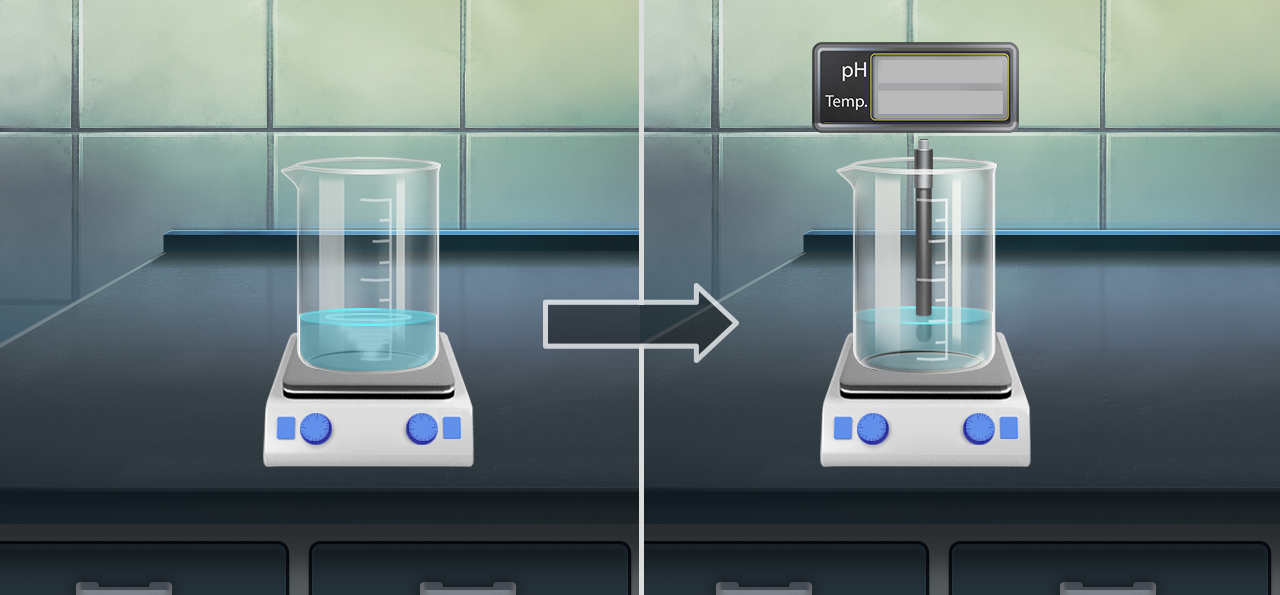Na ilustracji są obok siebie dwa etapy doświadczenia. Po lewej stronie na wadze stoi zlewka z roztworem. Na ilustracji obok do zlewki z roztworem stojącej na wadze włożono urządzenie do badania pH i mierzenia temperatury.