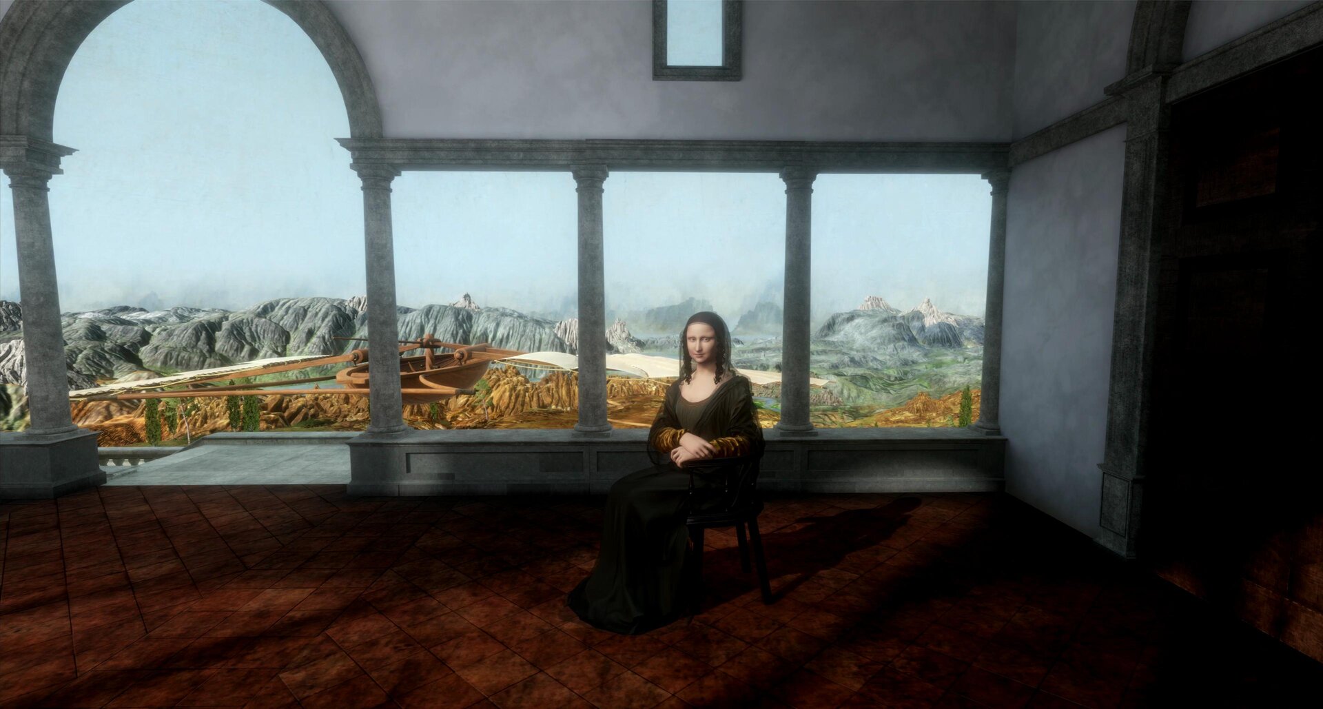 Ilustracja przedstawia kobietę siedzącą na krześle w pomieszczeniu. Kobieta ubrana jest w długą zieloną suknię. Za kobietą znajdują się białe kolumny. Za nimi roztacza się widok na góry. W lewej części obrazu między kolumnami znajduje się przejście na taras.