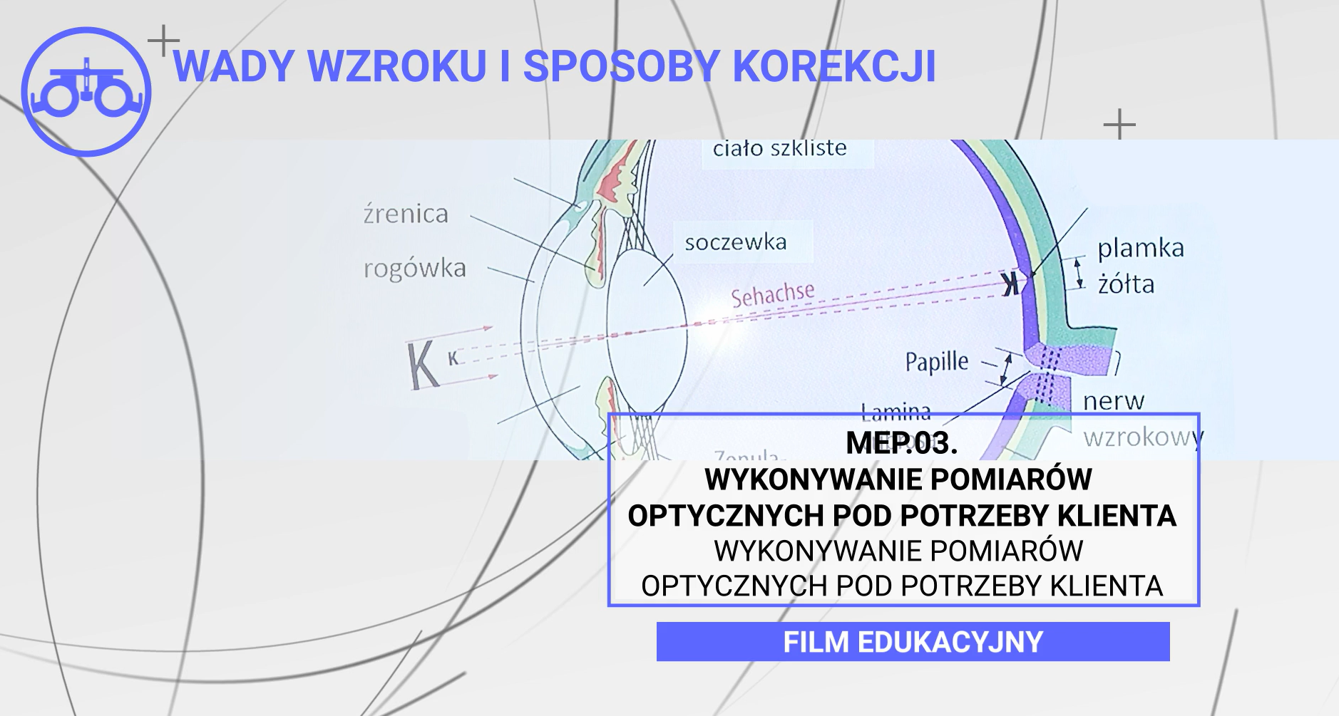 Przykładowy ekran filmu. U góry znajduje się tytuł filmu, a poniżej w ramce numer lekcji i kategoria.