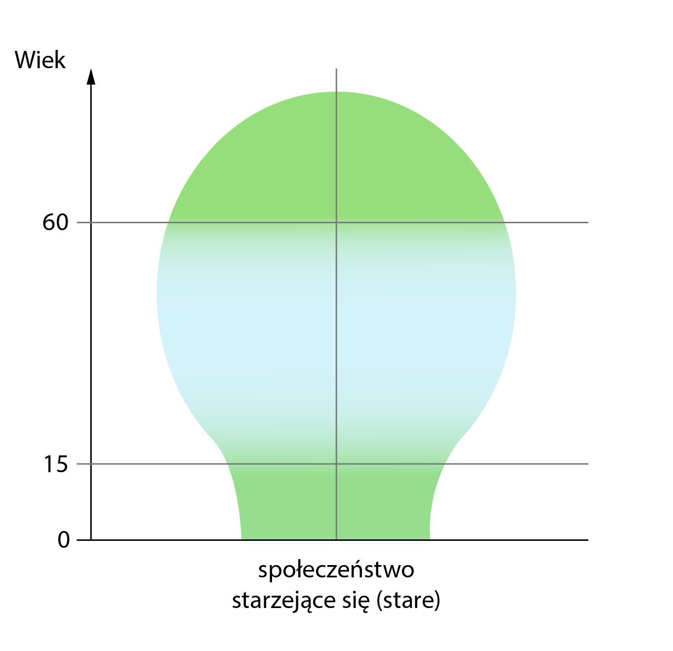 Ilustracja przedstawia kształty piramid wieku i płci dla społeczeństwa starzejącego się (starego). Na osi pionowej znajdującej się po lewej stronie ilustracji określono wiek od 0, przez 15 do 60 lat z wektorem w górę. Piramida swoim kształtem przypomina żarówkę. Najmniej jest osób w wieku przedprodukcyjnym, a najwięcej w wieku produkcyjnym. Liczba osób w wieku poprodukcyjnym jest tu największa w porównaniu z poprzednimi rodzajami piramid.