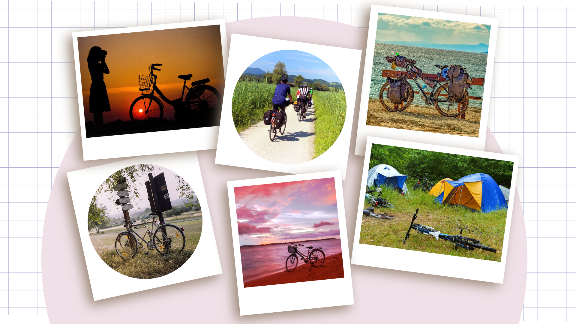 Kolaż złożony z sześciu zdjęć związanych z tematyką wycieczek rowerowych. Na pierwszym zdjęciu widać dziewczynę oraz rower na tle zachodzącego słońca. Na drugim zdjęciu widać dwie osoby jadące na rowerach wąską ścieżką. Trzecie zdjęcie przedstawia rower oparty o drewniany płotek znajdujący się na plaży. Czwarte zdjęcie przedstawia rower oparty o drzewo, do którego przybito drogowskazy. Piąte zdjęcie przedstawia rower tuż przy brzegu zbiornika wodnego. Szóste zdjęcie przedstawia kilka rowerów leżących na trawie. W tle widać rozstawione namioty.