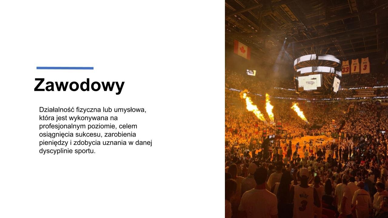 Biały slajd. Z lewej tekst: „Zawodowy. Działalność fizyczna lub umysłowa, która jest wykonywana na profesjonalnym poziomie, celem osiągnięcia sukcesu, zarobienia pieniędzy i zdobycia uznania w danej dyscyplinie sportu”. Z prawej strony zdjęcie zatłoczonej areny, na środku której znajduje się flaga. Na trybunach race z ogniem, a nad flagą okrągły telebim. 