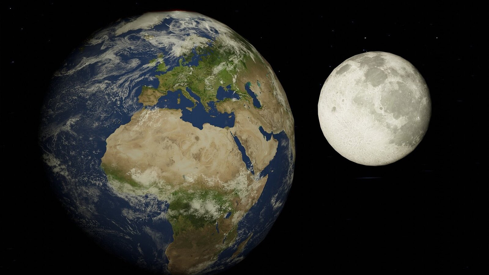 Zdjęcie przedstawia Ziemię i Księżyc widziane z kosmosu.
