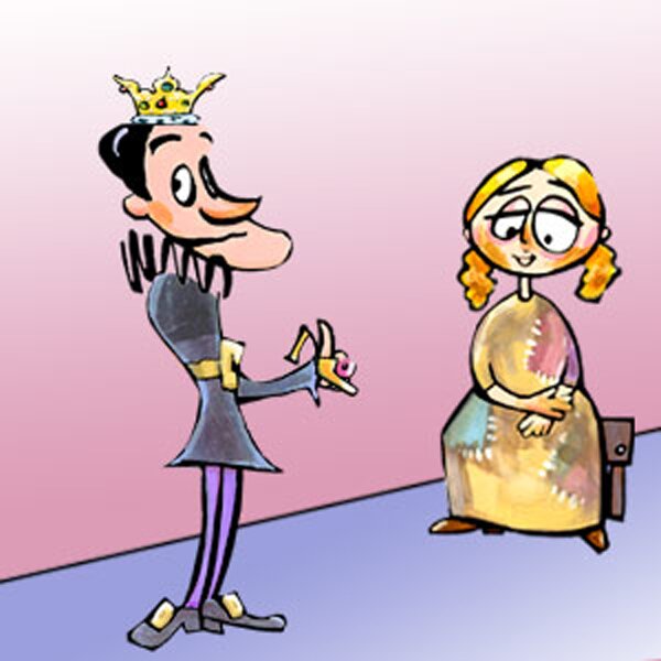 Kolorowy rysunek przestawia dziewczynę w ubogiej, połatanej sukience, która siedzi na krześle, przed nią stoi mężczyzna w koronie na głowie, trzyma w ręku złoty pantofelek.