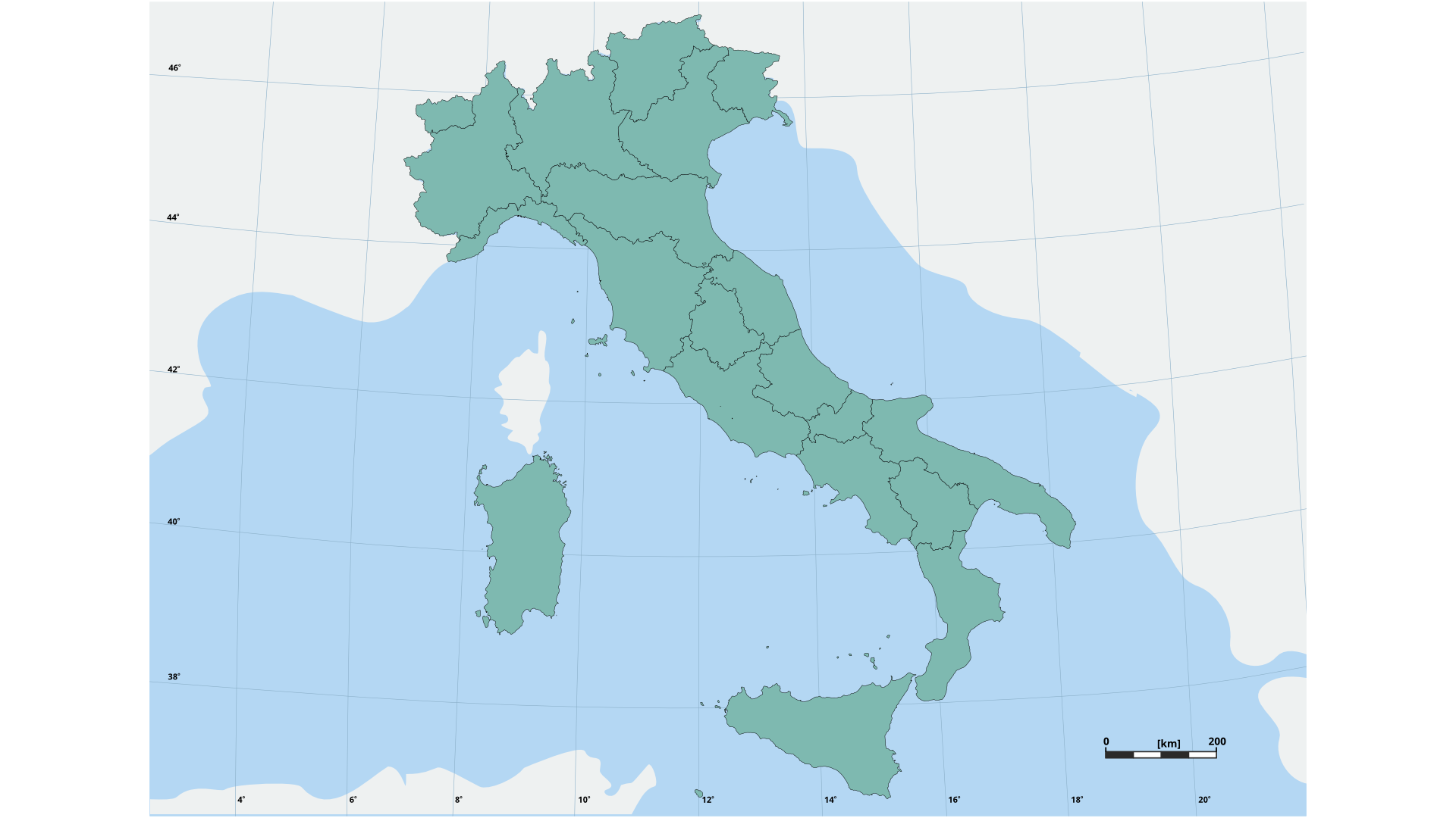 Grafika przedstawia mapę Włoch z podziałem na regiony. Nazwy regionów nie są oznaczone.