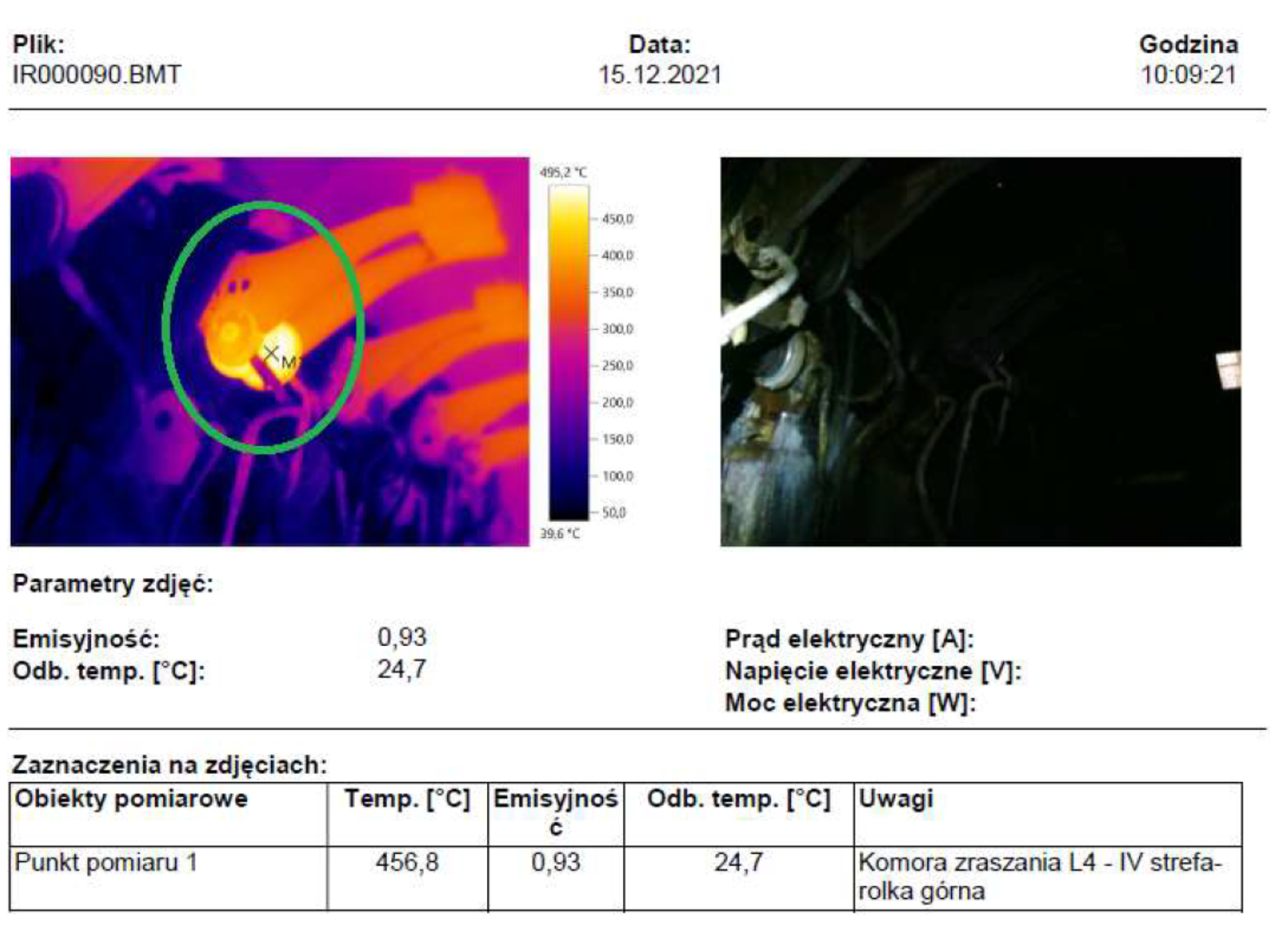 Na grafice zaprezentowano wykrycie niewystarczającego przepływu wody przez rolkę prowadzenie pasma stali w komorze zraszania COS. Po lewej stronie znajduje się zdjęcie termograficzne. Po prawej stronie jest zdjęcie, na którym znajdują się pasma stali. Poniżej widnieją opisy parametrów zdjęć, emisyjności oraz temperatury. Na samym dole umieszczona jest tabelka z informacjami na temat obiektów pomiarowych oraz uwagami.