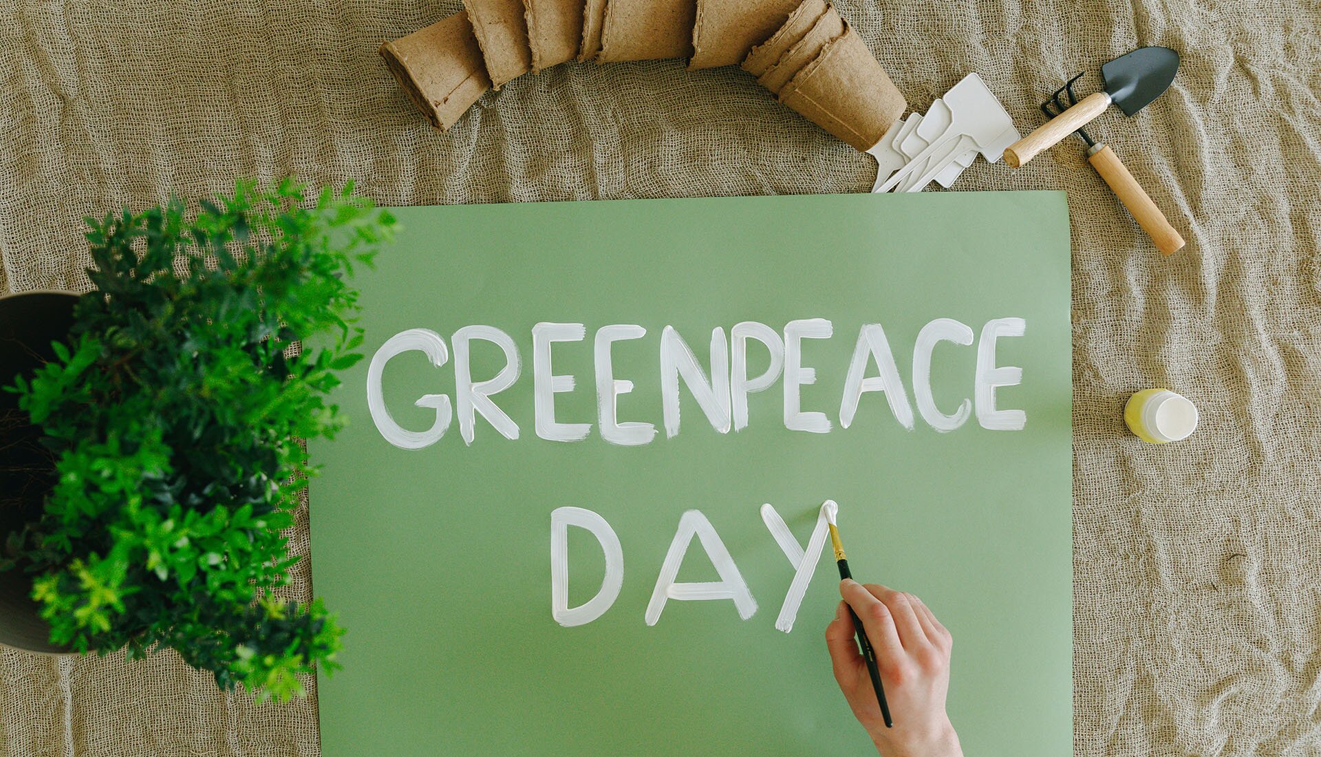 Zdjęcie przedstawia zieloną, dużą kartkę, leżącą na beżowej, lekko zmiętej tkaninie, na której widoczny jest biały napis w języku angielskim: GREENPEACE DAY. Po prawej stronie u dołu widoczna jest dłoń trzymająca pędzel, który dotyka litery Y. Na lewo od kartki widoczna jest zielona roślina, u góry widoczne są kartonowe doniczki, grabki i łopatka ogrodnicza, białe znaczniki do kwiatków, zaś na prawo widoczny jest pojemnik z białą farbą. 