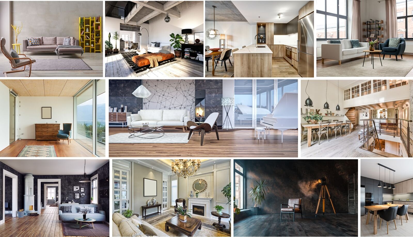 Ilustracja przedstawia 11 mniejszych fotografii, na których przedstawione zostały nowoczesne wnętrza mieszkalne.
