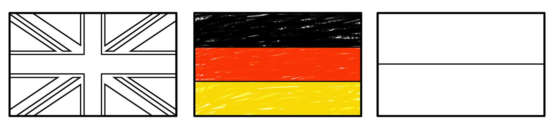 Ilustracja przedstawia trzy flagi. Od lewej - flaga Wielkiej Brytanii, flaga Niemiec i flaga Polski. Flaga Wielkiej Brytanii i Polski przedstawiają kontury do pokolorowania. Flaga Niemiec jest pokolorowana - od góry: czarny, czerwony, żółty.