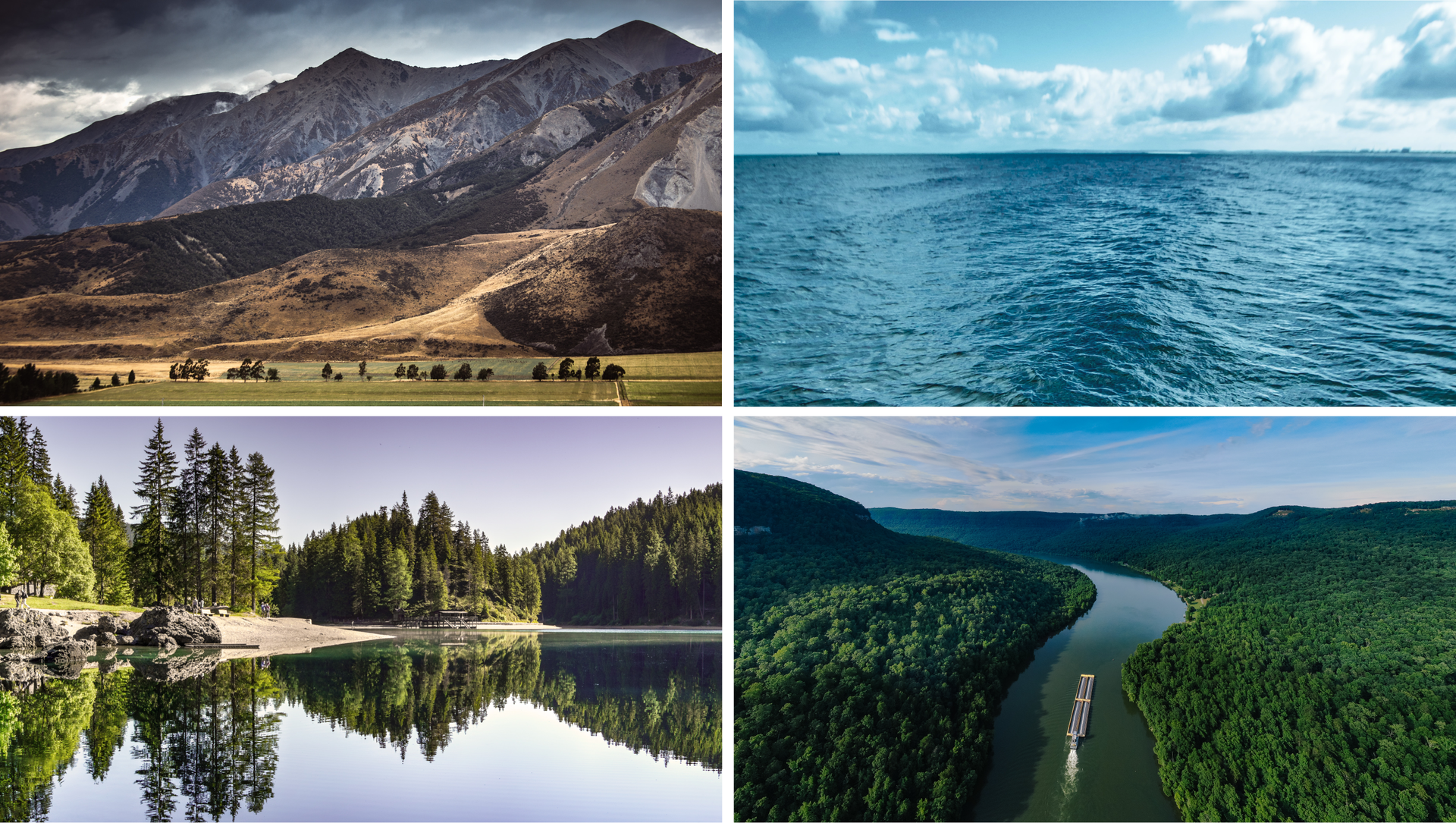 Grafika składa się z czterech zdjęć przedstawiających różne krajobrazy: góry, morze, jezioro i rzekę. Zdjęcie po lewej u góry przedstawia szczyty gór. Zdjęcie po prawej u góry przedstawia morze i chmury na niebie. Zdjęcie po lewej na dole przedstawia jezioro i lasy. Zdjęcie po prawej na dole przedstawia z góry rzekę płynącą wśród lasów.