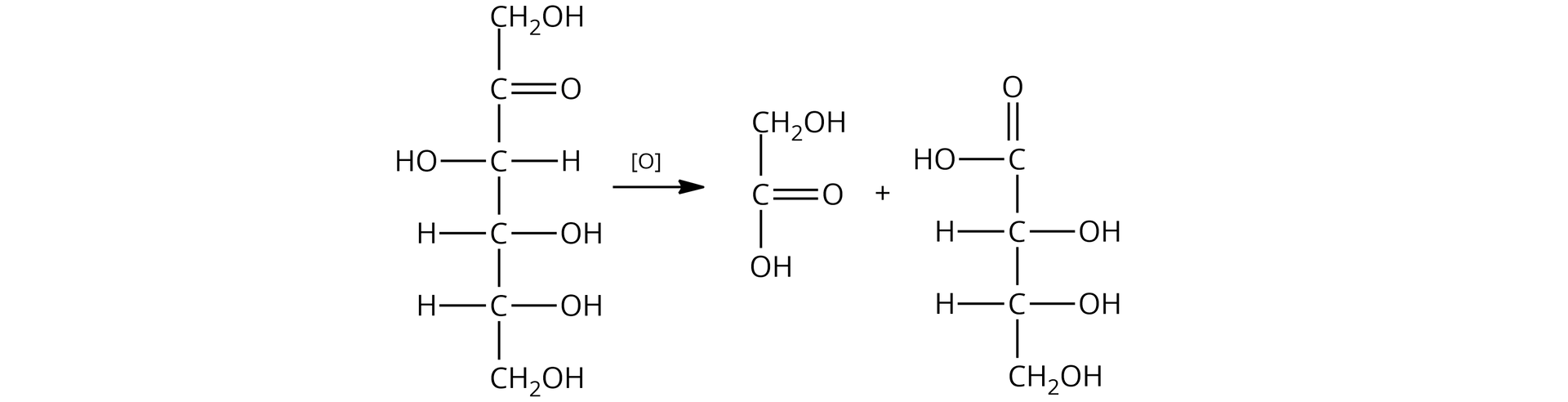 Ilustracja przedstawiająca równanie reakcji utlenienia ketoz za pomocą silnego utleniacza, na przykładzie fruktozy. Cząsteczka D‑fruktozy w projekcji Fischera o strukturze zbudowanej z grupy CH2OH połączonej z długą, poprowadzoną w dół linią, która symbolizuje łańcuch węglowy i która jest zakończona również grupą CH2OH. Linię tę od dołu przecinają trzy prostopadłe krótkie linie, od których odchodzą podstawniki dla kolejnych atomów węgla w łańcuchu. Od dołu po prawej stronie grupa OH, grupa OH oraz atom wodoru. Po lewej stronie atom wodoru, atom wodoru i grupa OH. Powyżej pomiędzy pierwszym atomem węgla grupy CH2OH a linią przecinającą łańcuch, od wspomnianej linii poprowadzone są dwie prostopadłe linie w prawo symbolizujące wiązanie podwójne z atomem tlenu O. Strzałka nad strzałką utleniacz reprezentowany przez literę O w nawiasie kwadratowym, za strzałką cząsteczka kwasu glikolowego o strukturze zbudowanej z grupy karboksylowej COOH połączonej z grupą CH2 podstawioną grupą hydroksylową OH. Dodać cząsteczka kwasu treonowego o strukturze zbudowanej z grupy karboksylowej COOH połączonej z grupą CH podstawioną grupą OH, która również łączy się z grupą CH podstawioną grupą OH oraz związaną z grupą CH2 podstawioną grupą hydroksylową OH. 